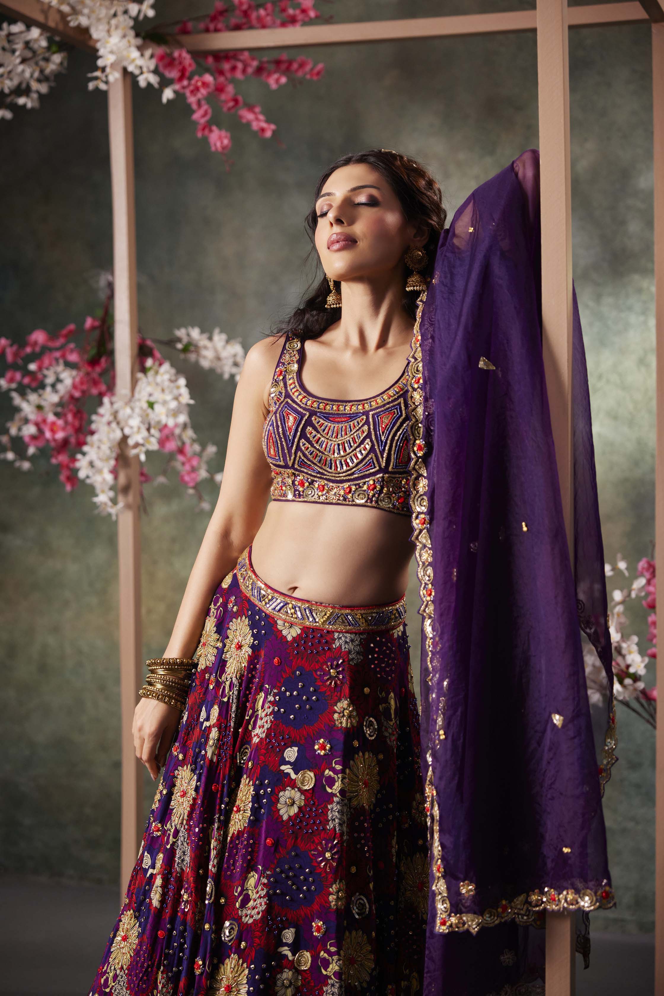 CY Mehak Murpana Purple Printed Choli, Lehenga And Dupatta Set With Embroidery Front 2