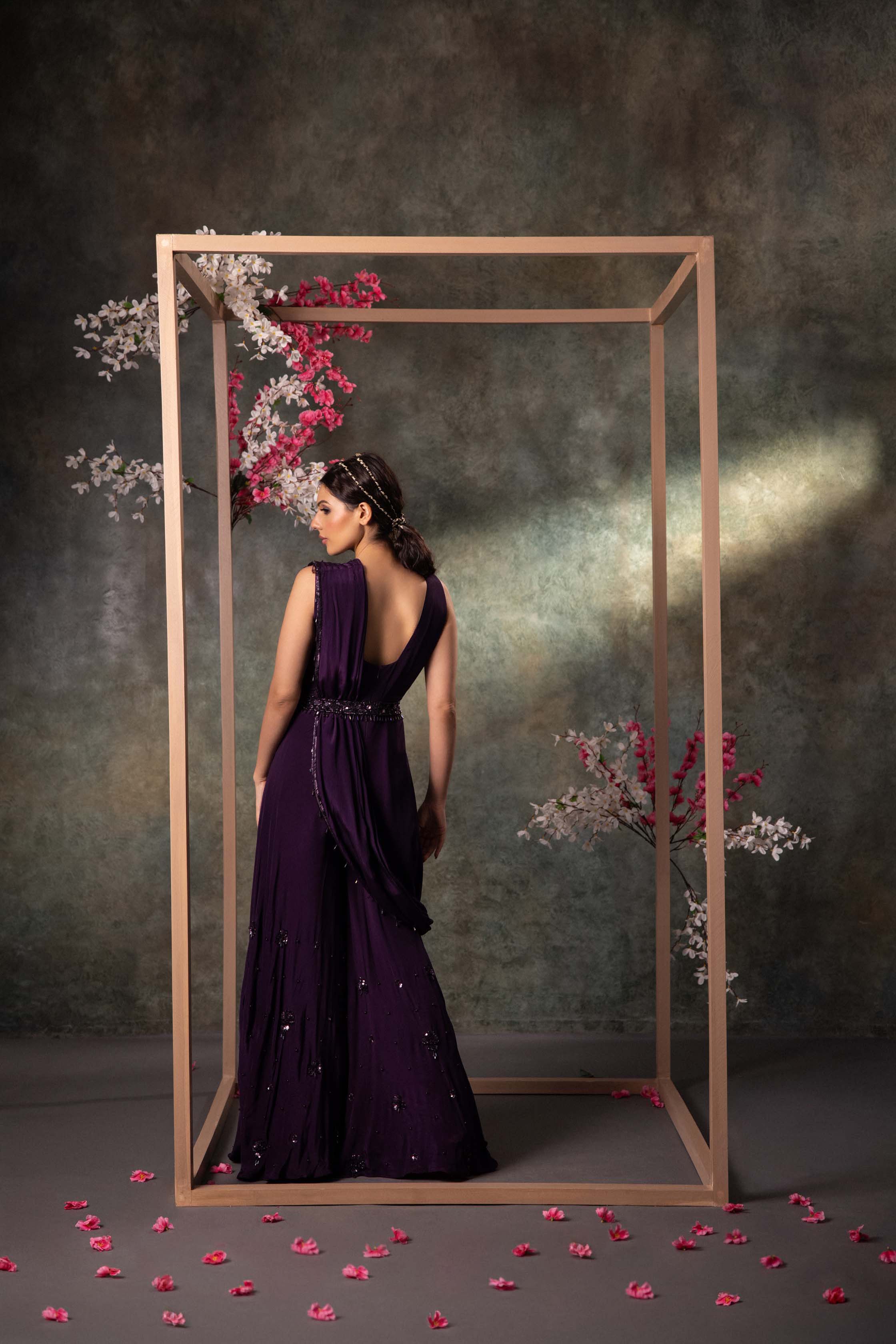 CY Mehak Murpana Purple Jumpsuit, Drape And Belt Set With Embroidery Back 1