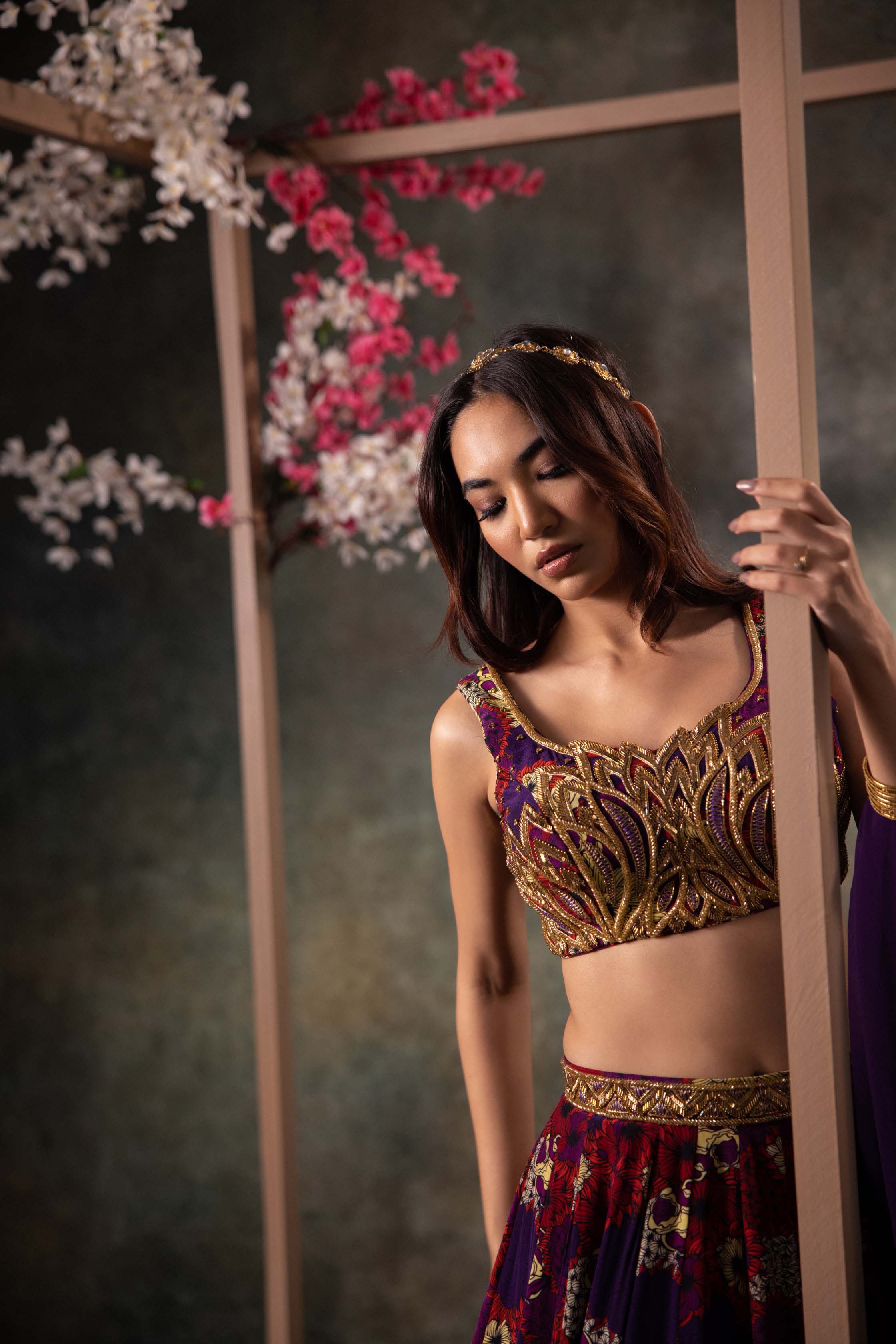 CY Mehak Murpana Purple Printed Choli, Lehenga And Dupatta Set With Embroidery Side 1