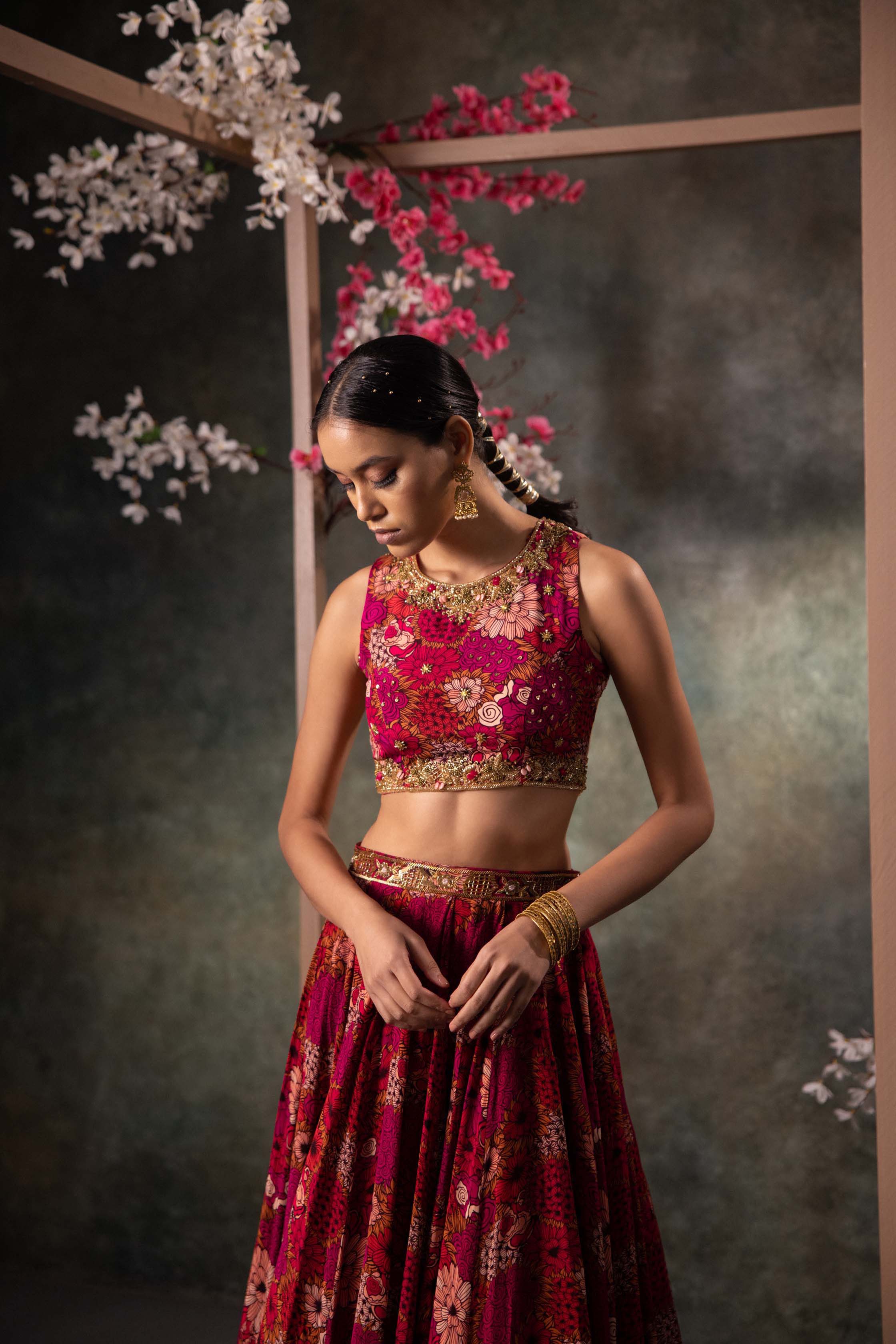 CY Mehak Murpana Pink Printed Backless Top And Lehenga Set With Embroidery Side 1