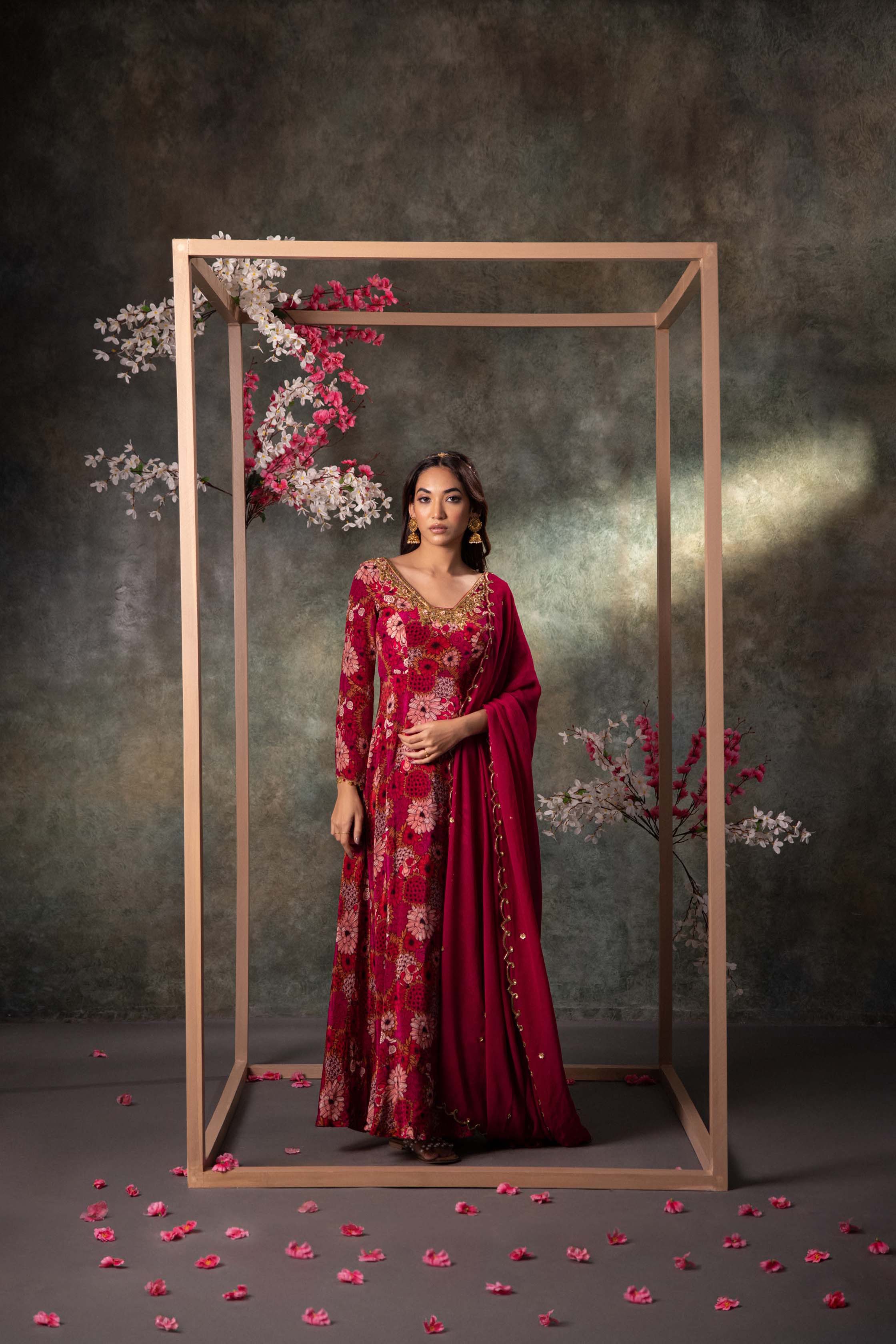 CY Mehak Murpana Pink Printed Anarkali And Dupatta Set With Embroidery Front 1