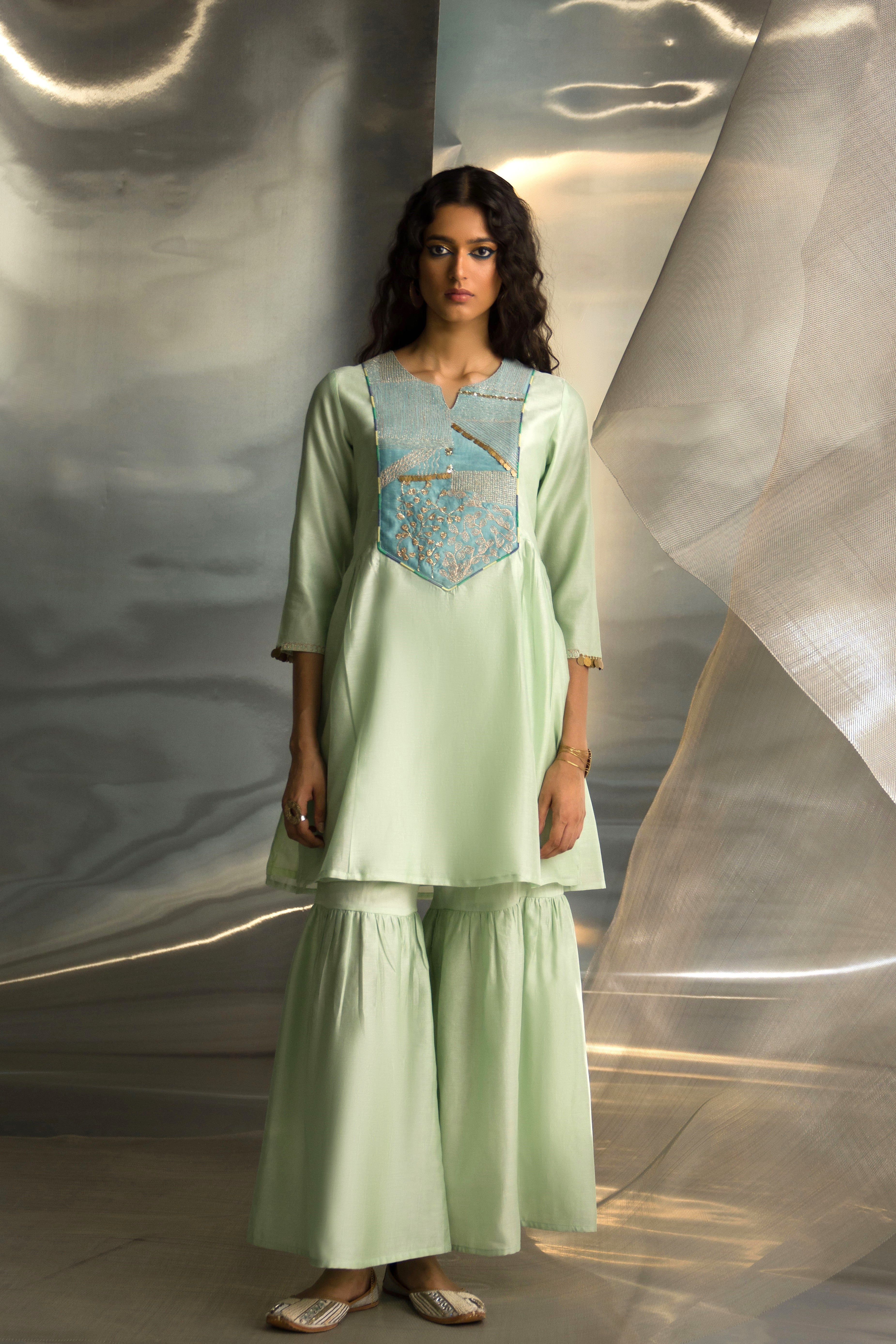 CY Charkhee Mint Green Sharara Set Front 2