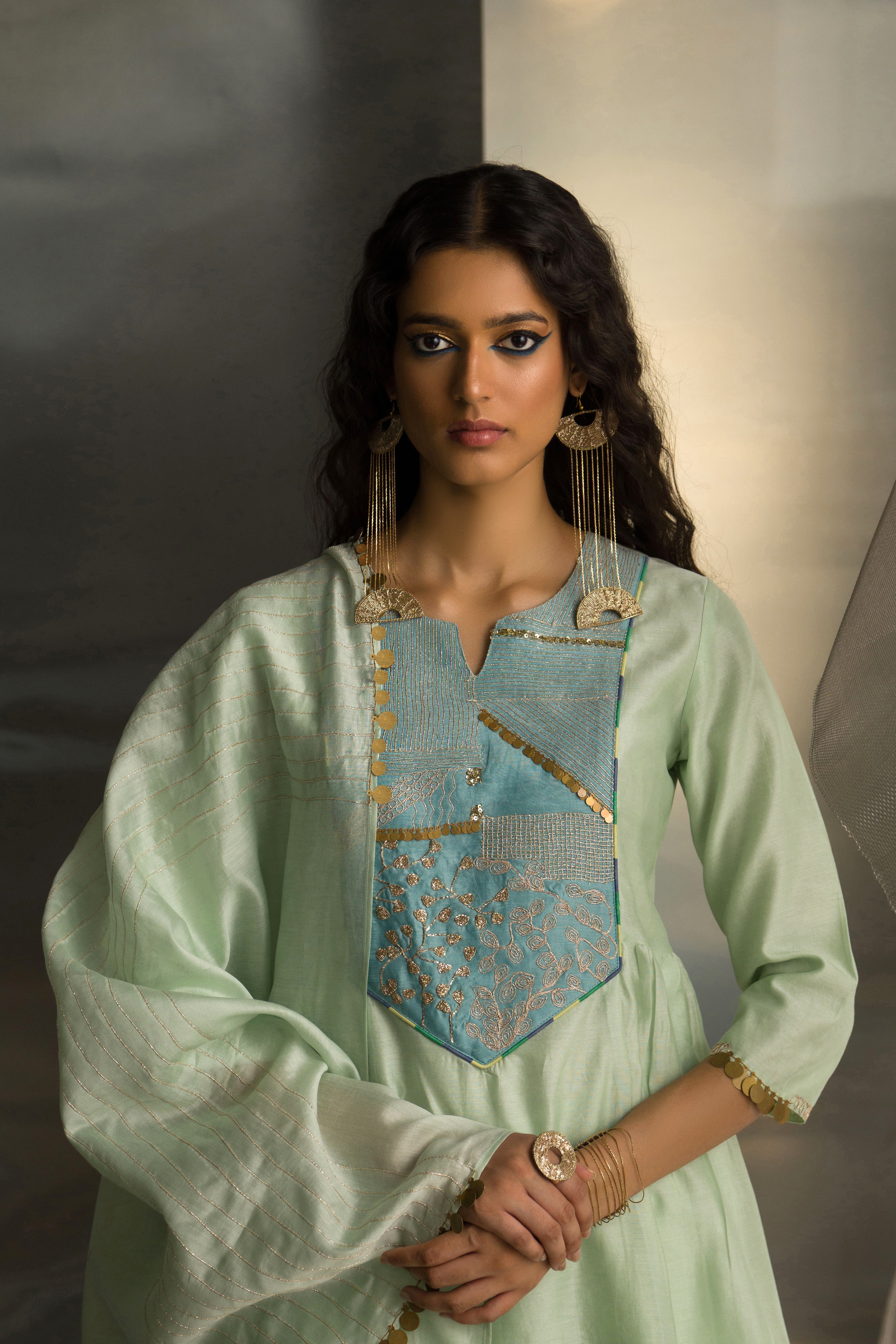 CY Charkhee Mint Green Sharara Set Closeup 1