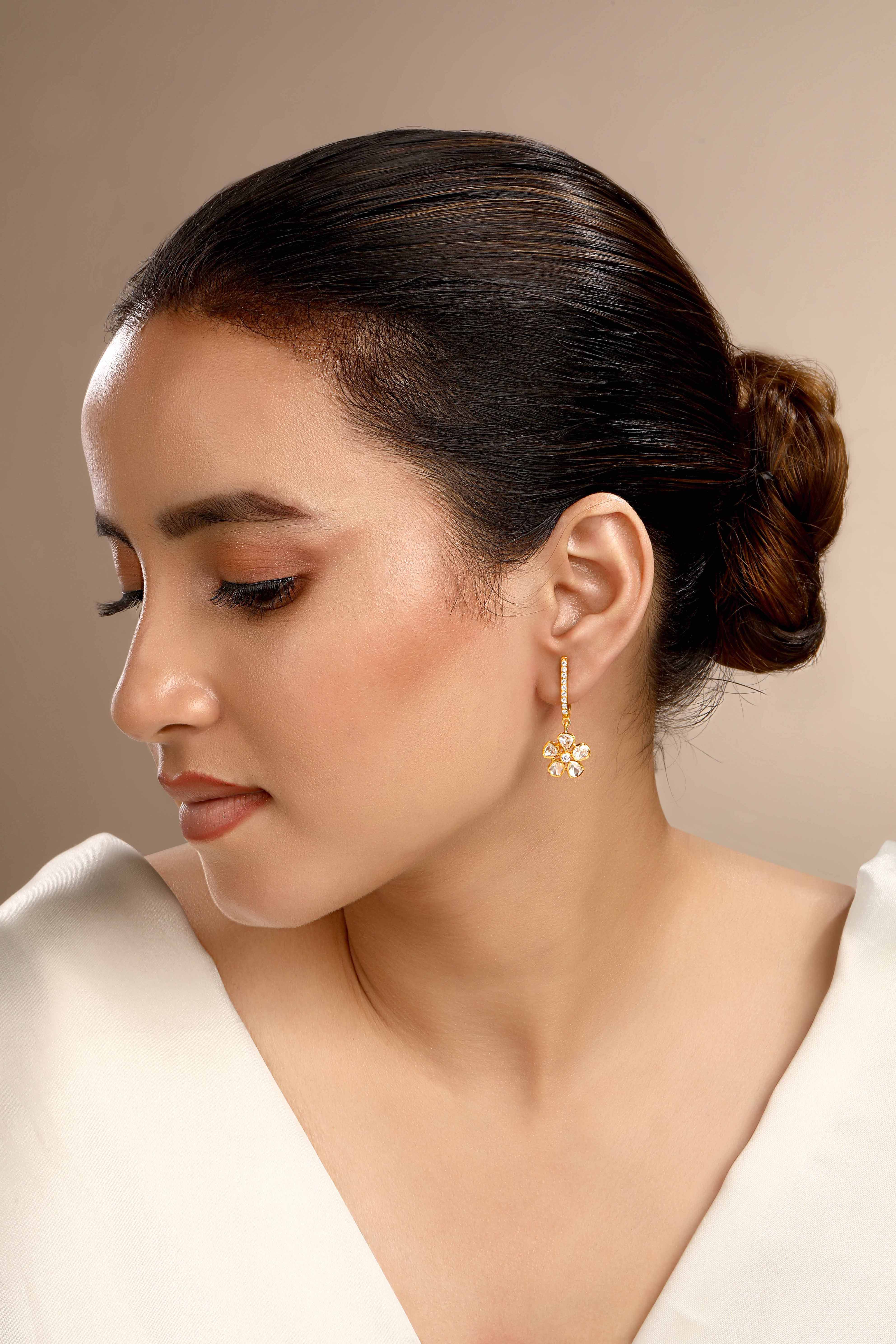 CY Sica Jewellery Moissanite Polki Floral Polki Bali Earrings Front 2