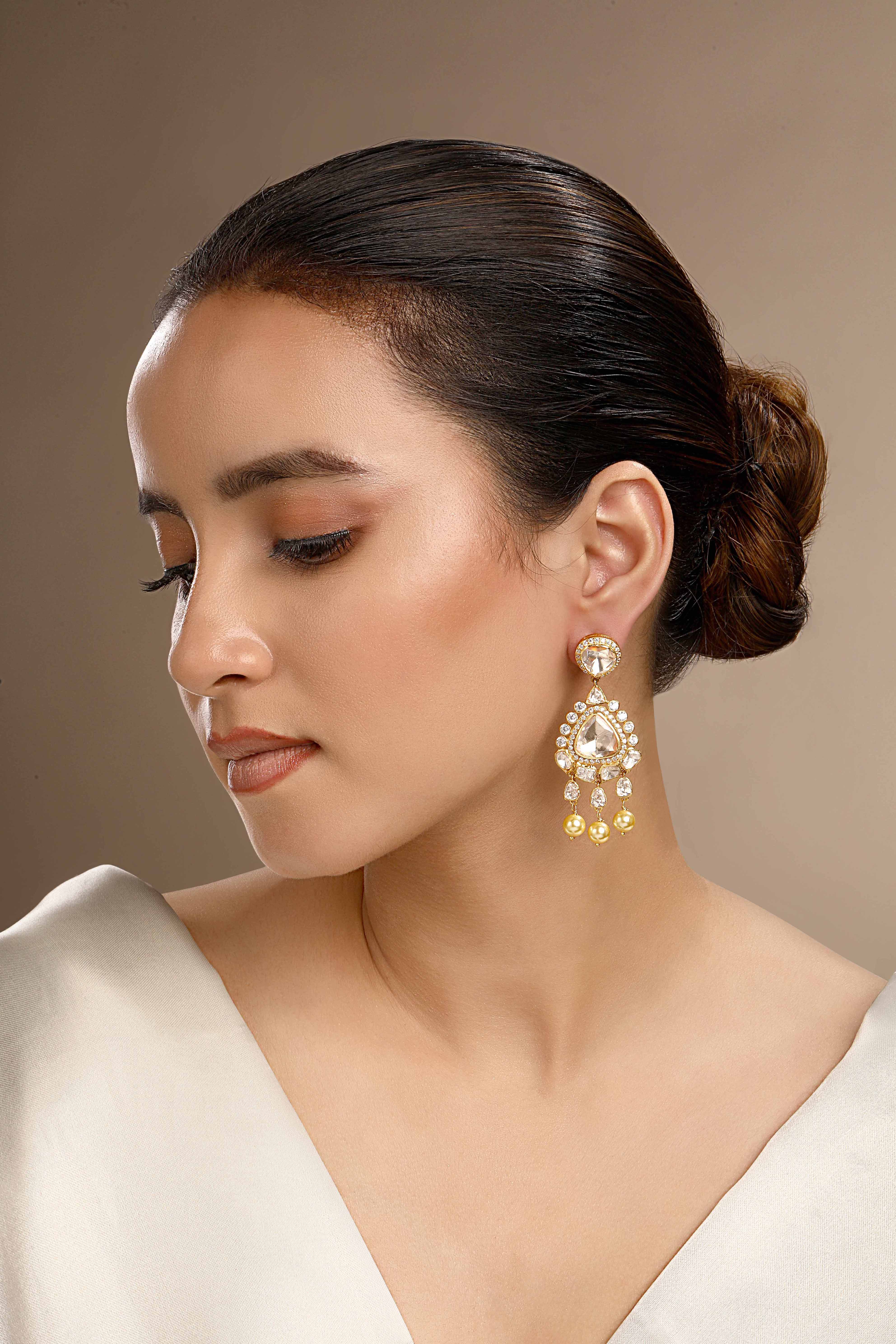 CY Sica Jewellery Moissanite Polki Triveni Polki Earrings Front 2