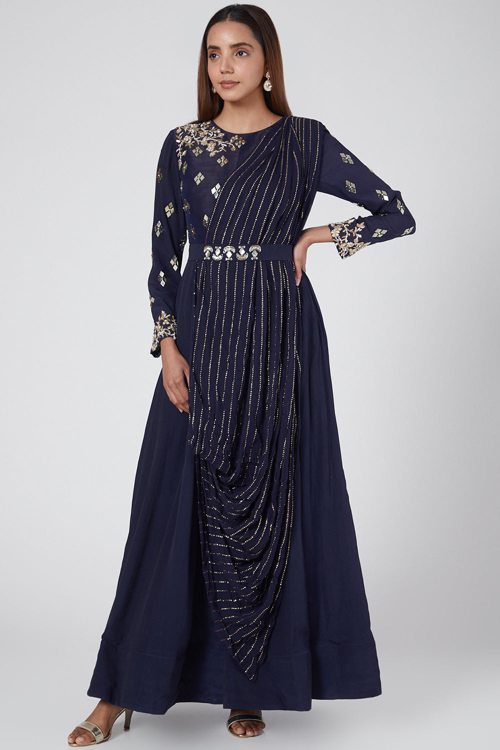 Embroidered Cobalt Blue Draped Anarkali - Auraya Fashion - Nidhika Shekhar - #tag1# - #tag2# - #tag3# - #tag3#