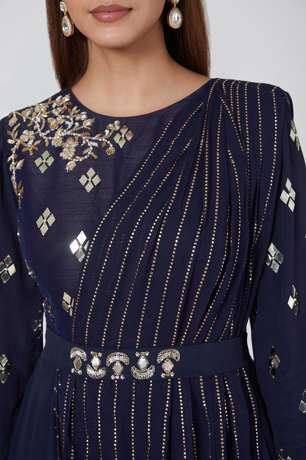 Embroidered Cobalt Blue Draped Anarkali - Auraya Fashion - - #tag1# - #tag2# - #tag3# - #tag3#