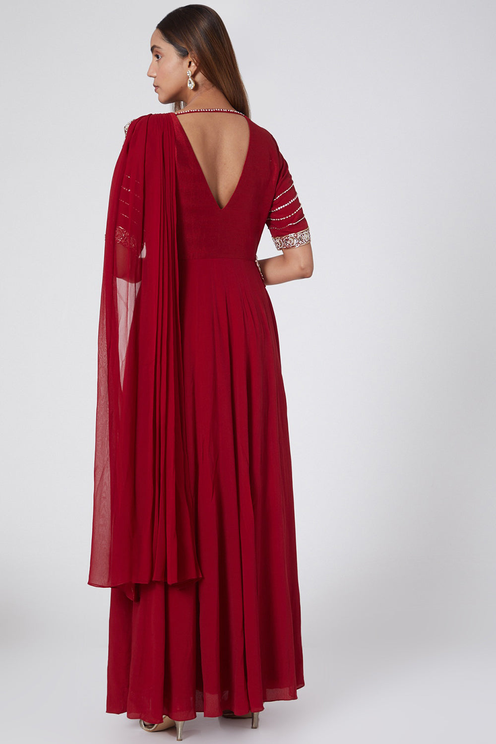 Embroidered Red Draped Anarkali - Auraya Fashion - - #tag1# - #tag2# - #tag3# - #tag3#