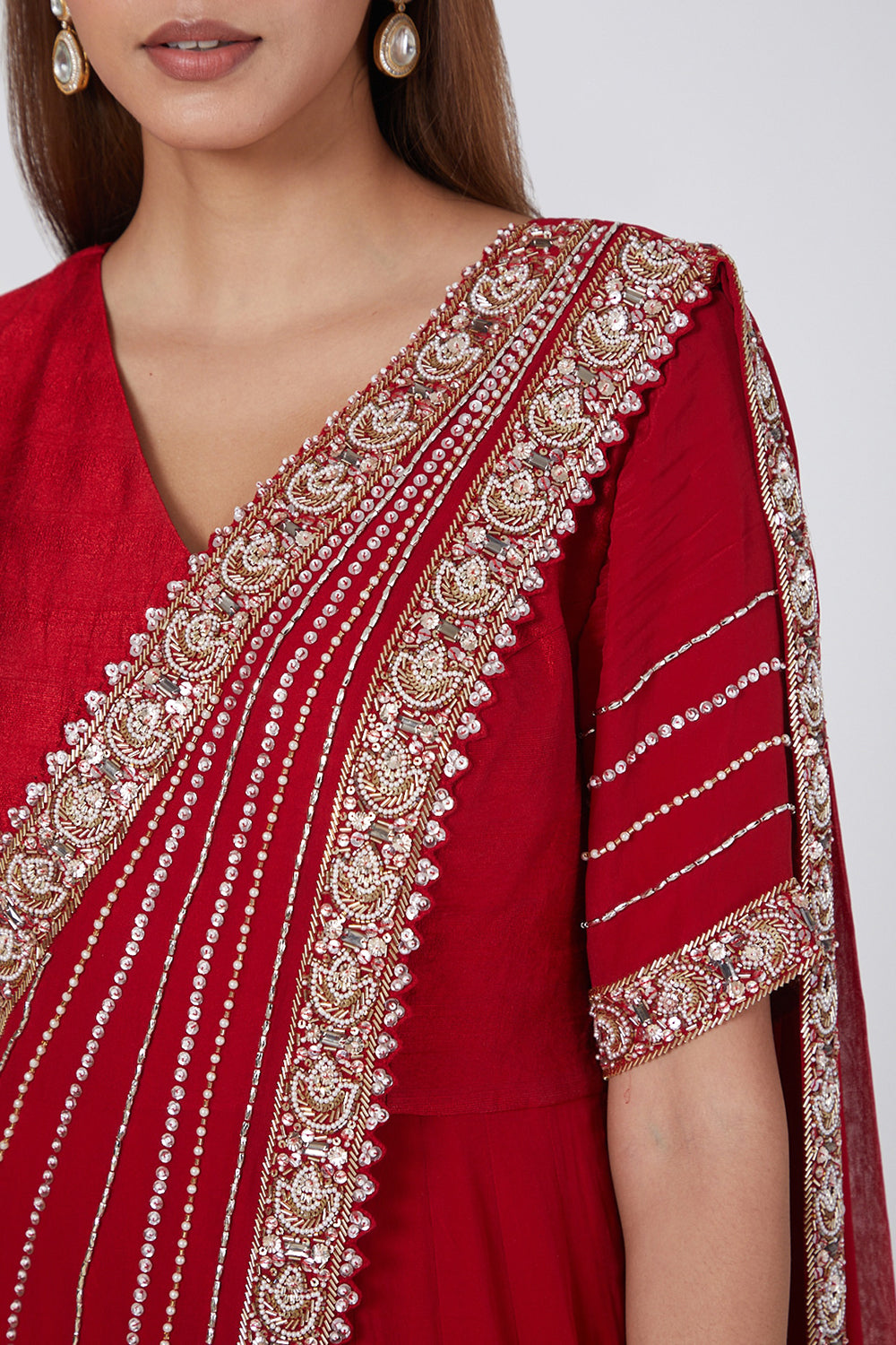 Embroidered Red Draped Anarkali - Auraya Fashion - - #tag1# - #tag2# - #tag3# - #tag3#
