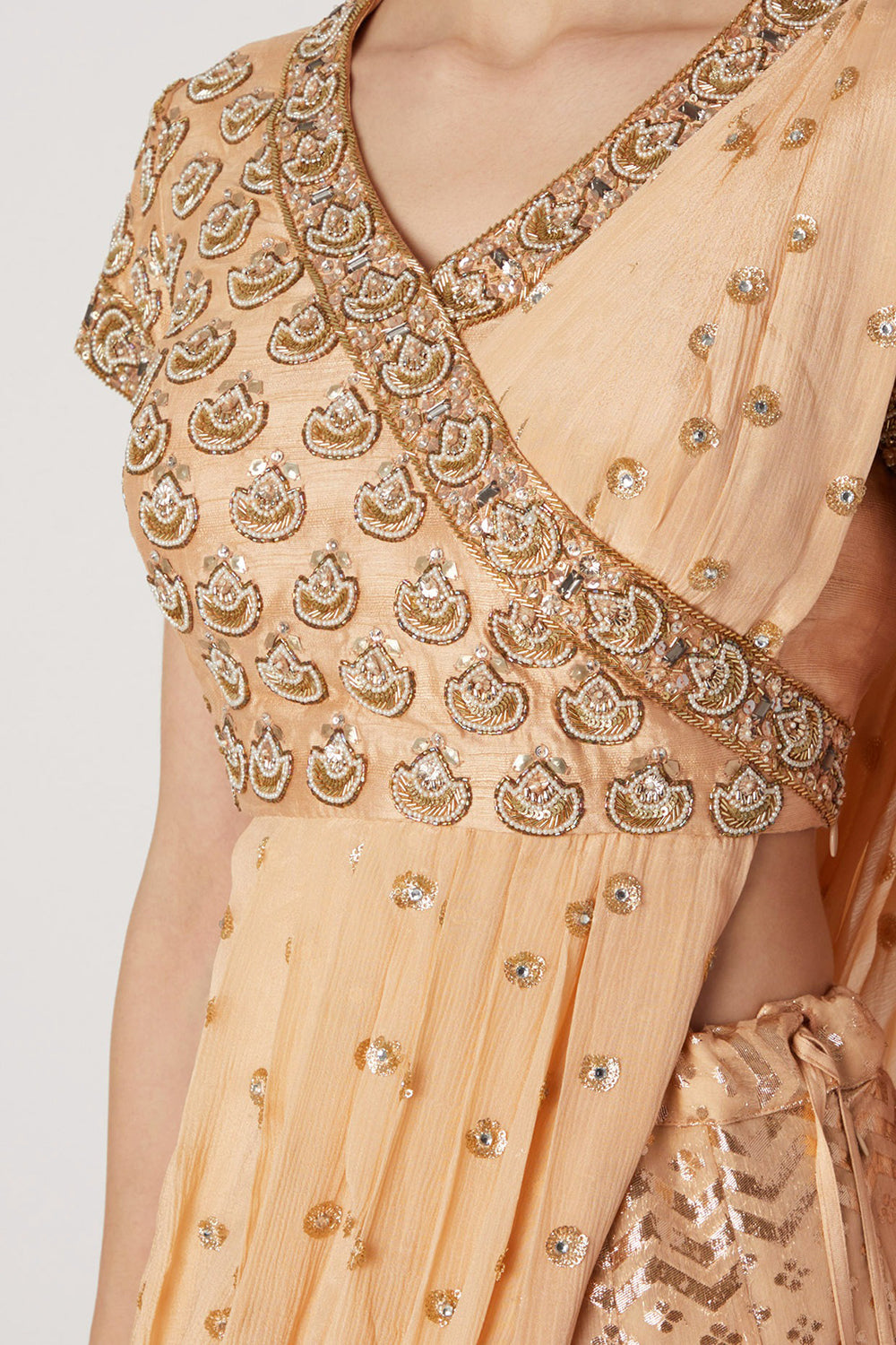 Embroidered Peach Draped Lehenga Set - Auraya Fashion - - #tag1# - #tag2# - #tag3# - #tag3#