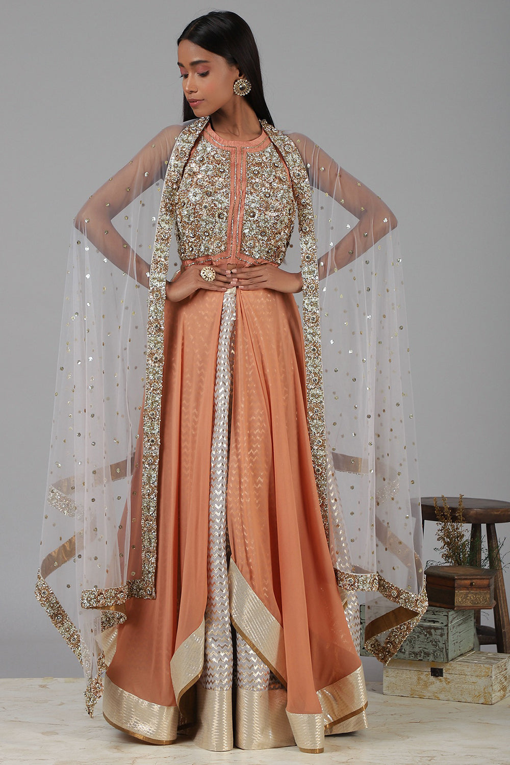 Embroidered Coral Lehenga Set - Auraya Fashion - - #tag1# - #tag2# - #tag3# - #tag3#
