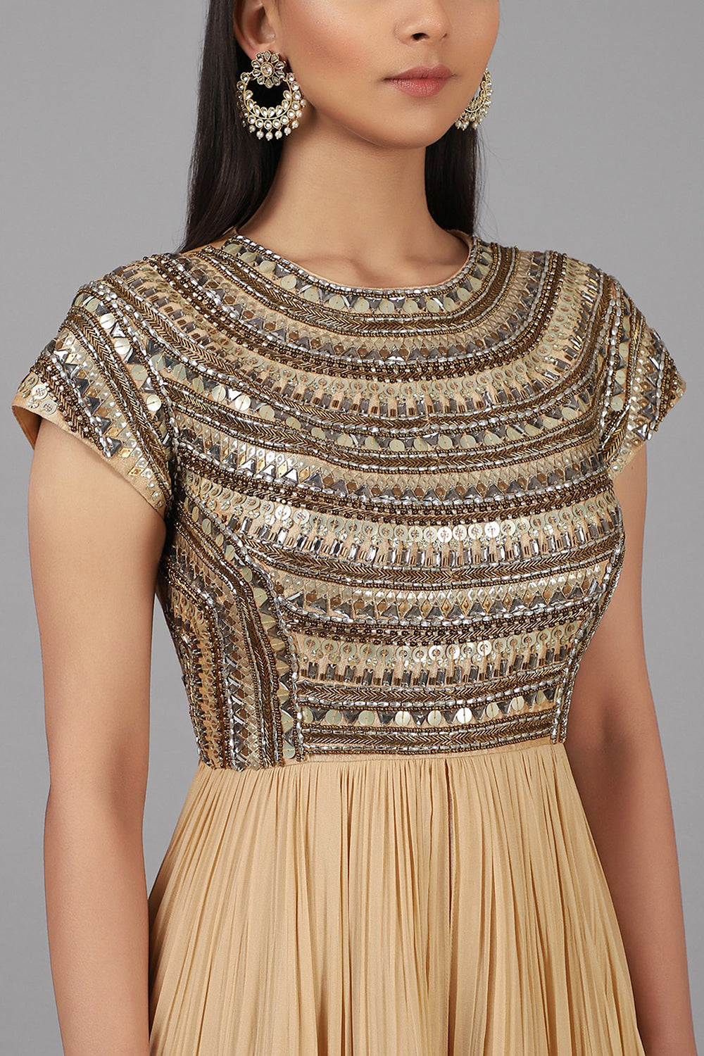 Hand Embroidered Beige Gown - Auraya Fashion - - #tag1# - #tag2# - #tag3# - #tag3#