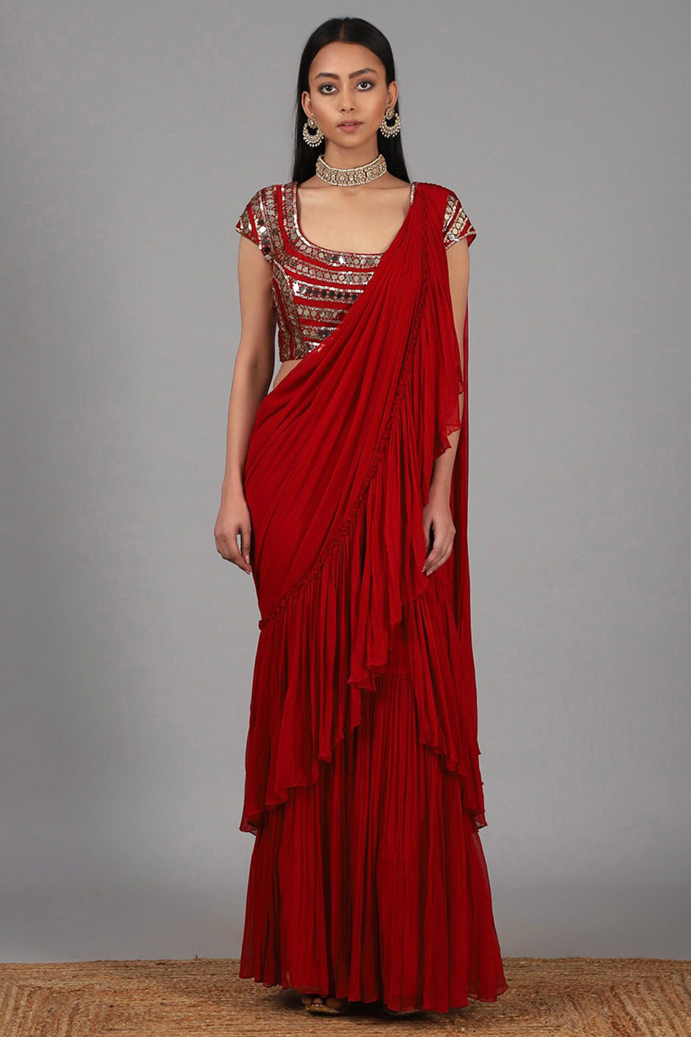 Embroidered Red Pre Stitched Saree Set - Auraya Fashion - Nidhika Shekhar - #tag1# - #tag2# - #tag3# - #tag3#