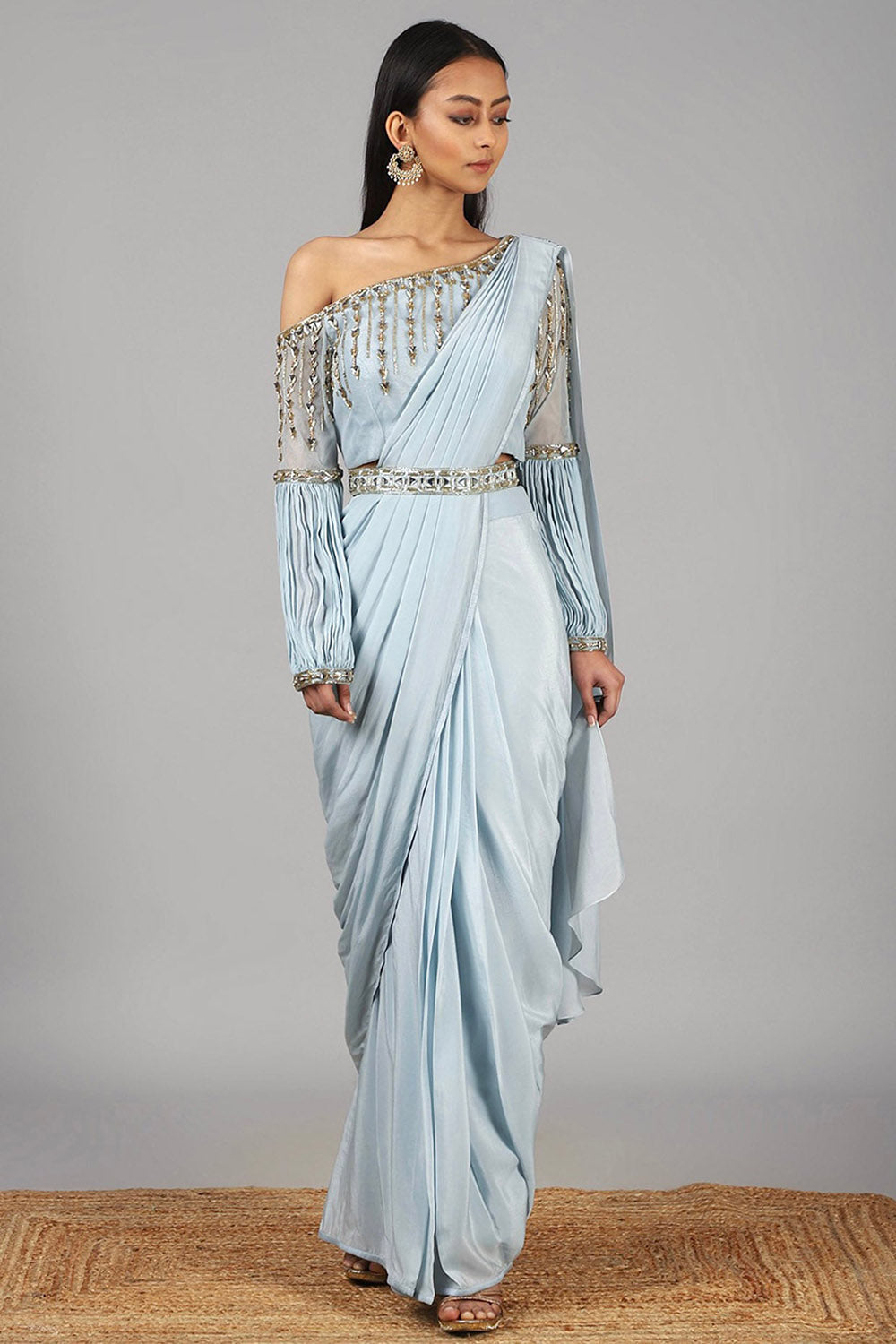 Embroidered Dusky Aqua Pre Stitched Saree Set - Auraya Fashion - Nidhika Shekhar - #tag1# - #tag2# - #tag3# - #tag3#