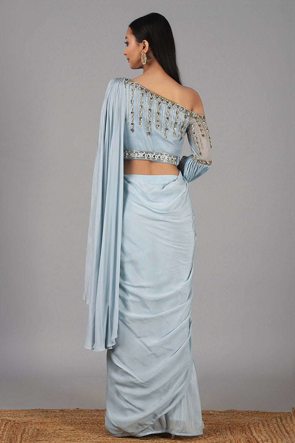 Embroidered Dusky Aqua Pre Stitched Saree Set - Auraya Fashion - - #tag1# - #tag2# - #tag3# - #tag3#