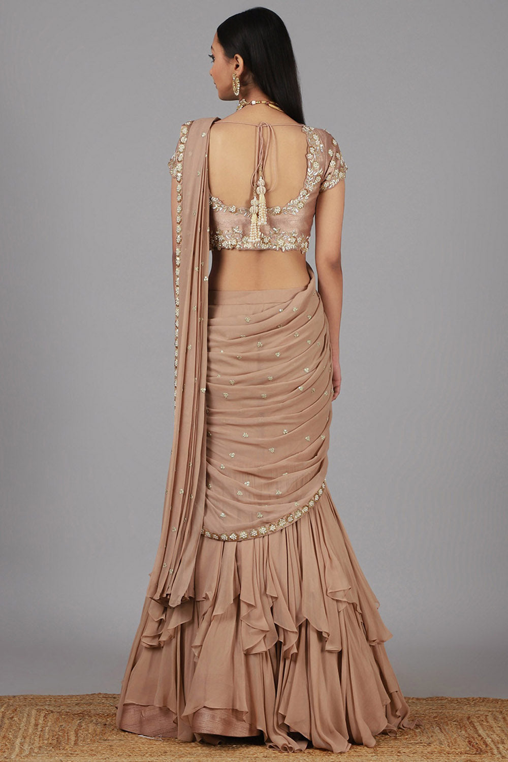 Embroidered Beige Lehenga Saree Set - Auraya Fashion - - #tag1# - #tag2# - #tag3# - #tag3#