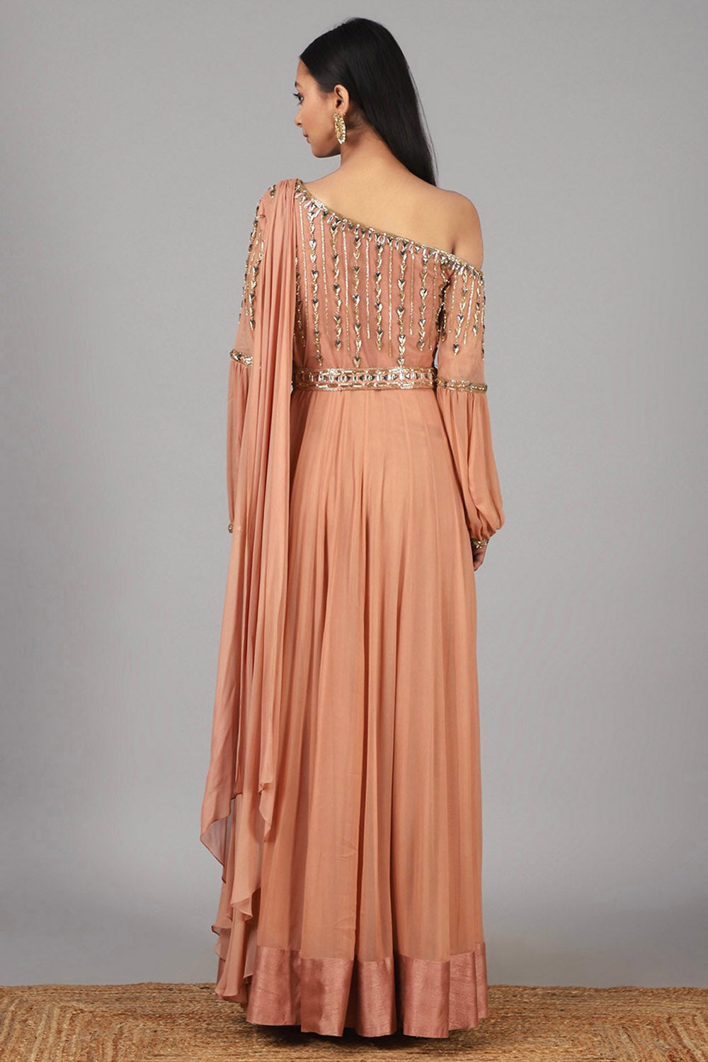 Embroidered Peach Anarkali With Belt - Auraya Fashion - - #tag1# - #tag2# - #tag3# - #tag3#