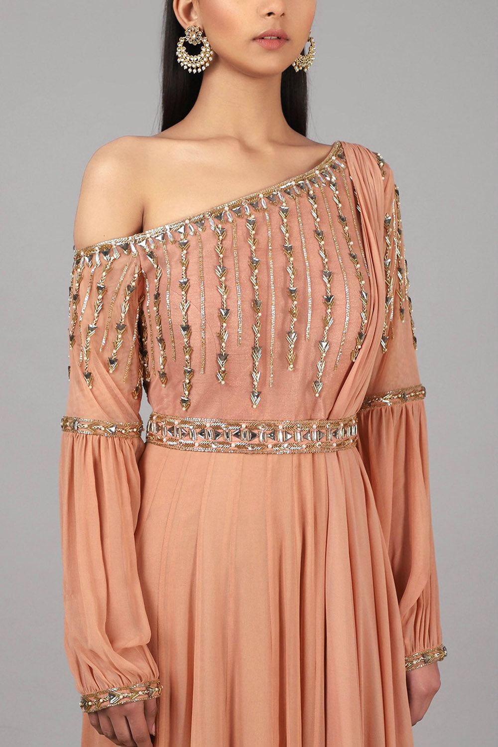 Embroidered Peach Anarkali With Belt - Auraya Fashion - - #tag1# - #tag2# - #tag3# - #tag3#