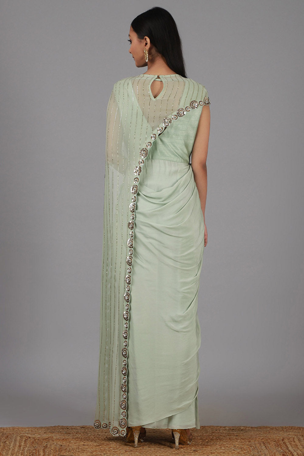 Embroidered Muted Green Saree Gown Set - Auraya Fashion - - #tag1# - #tag2# - #tag3# - #tag3#