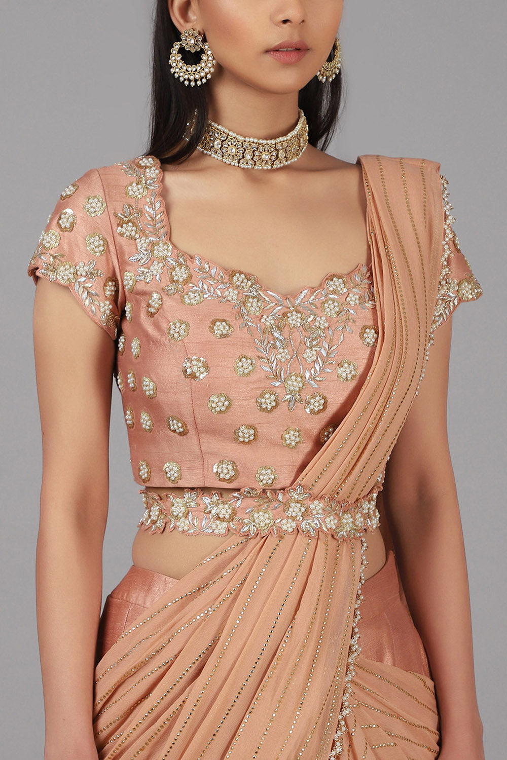 Embroidered Peach Lehenga Set - Auraya Fashion - - #tag1# - #tag2# - #tag3# - #tag3#