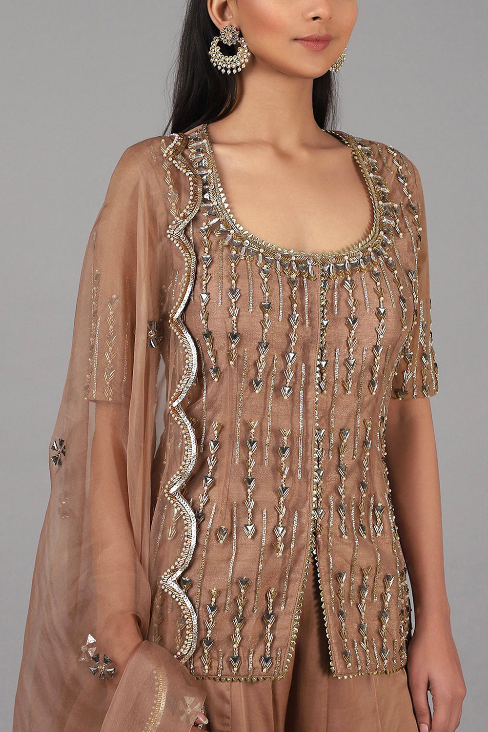Embroidered Deep Nude Sharara Set - Auraya Fashion - - #tag1# - #tag2# - #tag3# - #tag3#