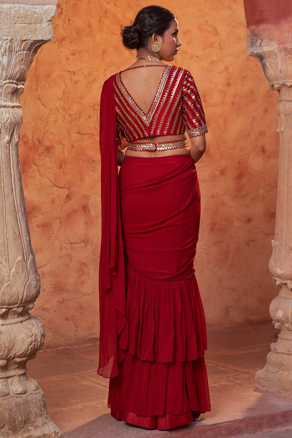 Georgette Red Draped Saree Set - Auraya Fashion - - #tag1# - #tag2# - #tag3# - #tag3#