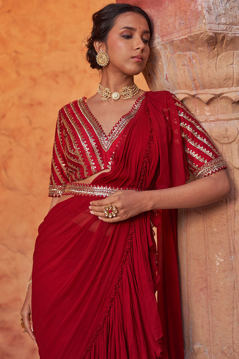 Georgette Red Draped Saree Set - Auraya Fashion - - #tag1# - #tag2# - #tag3# - #tag3#