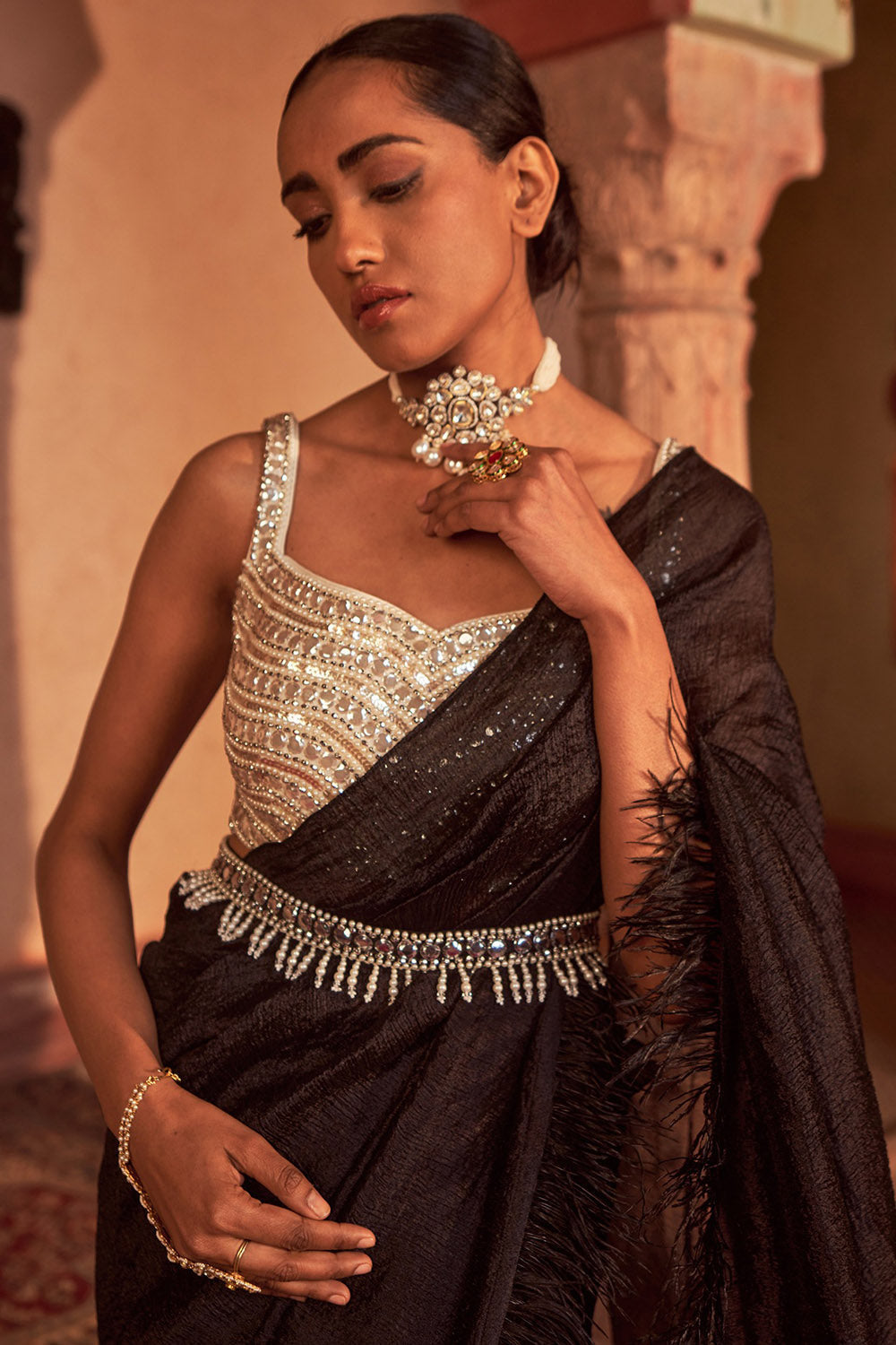 Silk Black Draped Saree Set - Auraya Fashion - - #tag1# - #tag2# - #tag3# - #tag3#