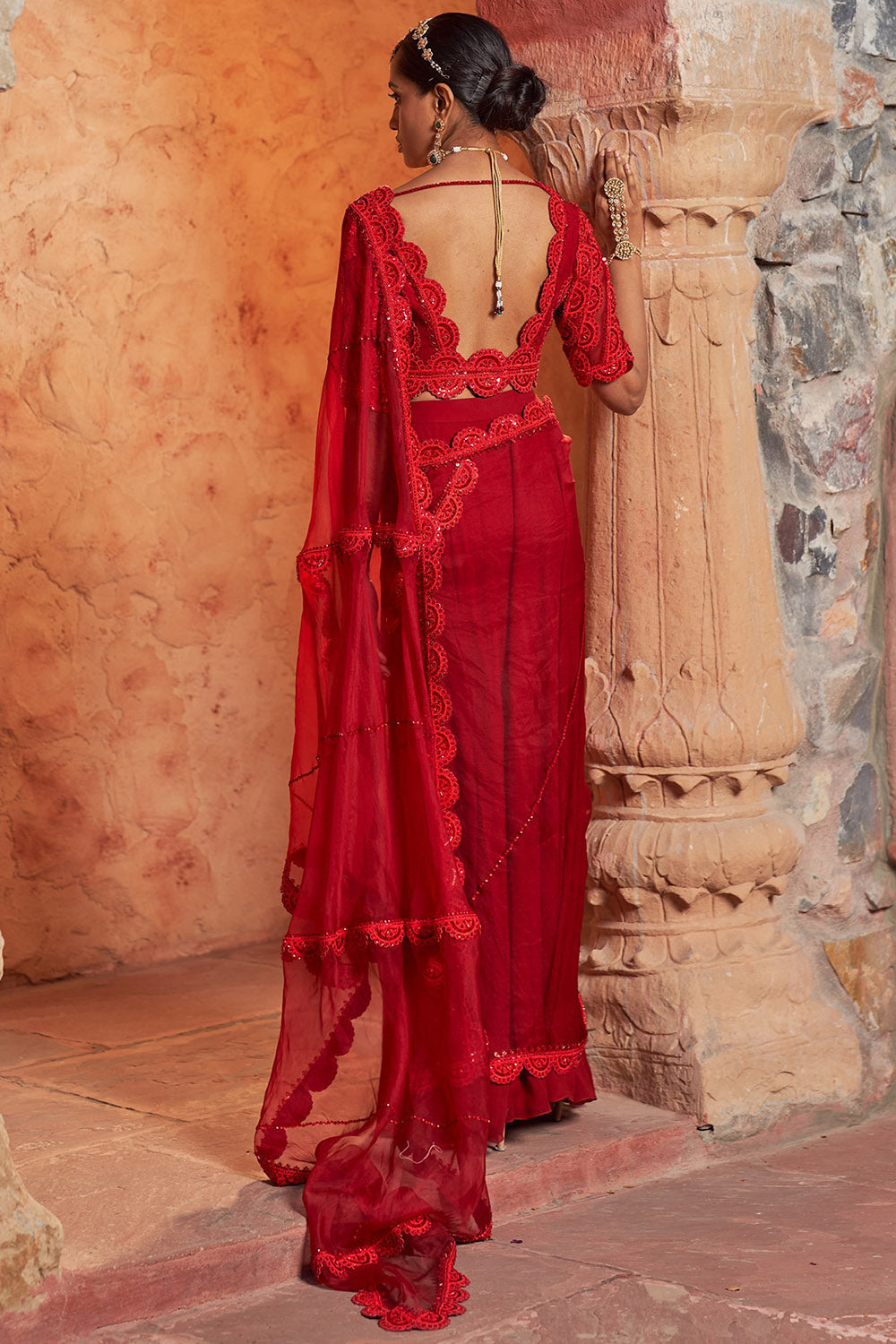 Organza & Crepe Red Embroidered Draped Saree Set - Auraya Fashion - - #tag1# - #tag2# - #tag3# - #tag3#