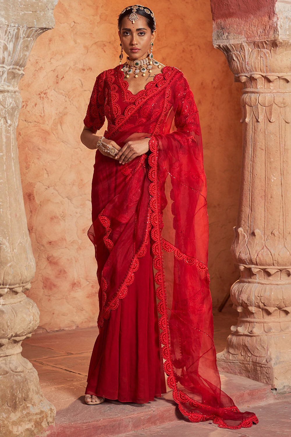 Organza & Crepe Red Embroidered Draped Saree Set - Auraya Fashion - - #tag1# - #tag2# - #tag3# - #tag3#