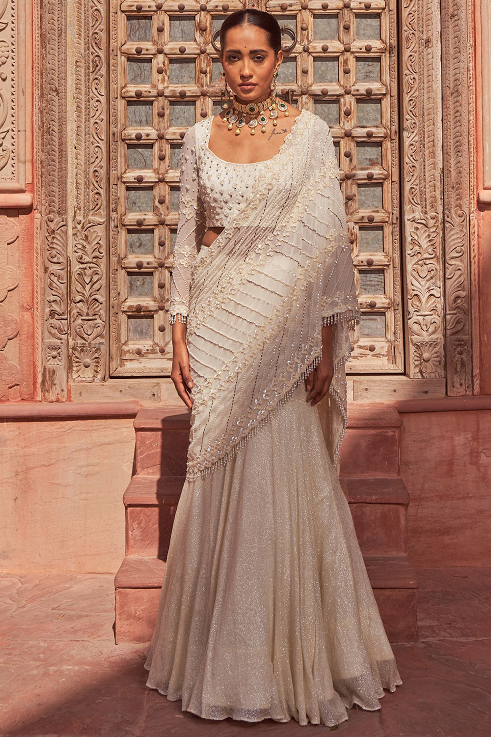 Sequins Ivory Georgette Embroidered Draped Lehenga Saree Set - Auraya Fashion - Nidhika Shekhar - #tag1# - #tag2# - #tag3# - #tag3#