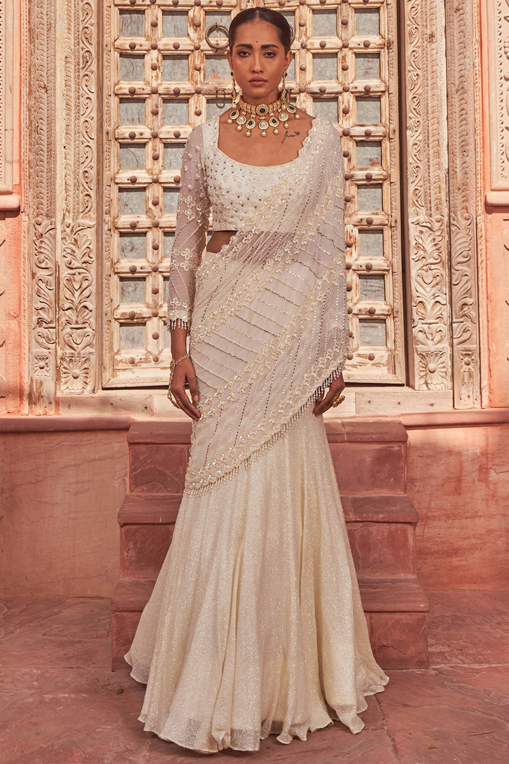 Sequins Ivory Georgette Embroidered Draped Lehenga Saree Set - Auraya Fashion - - #tag1# - #tag2# - #tag3# - #tag3#