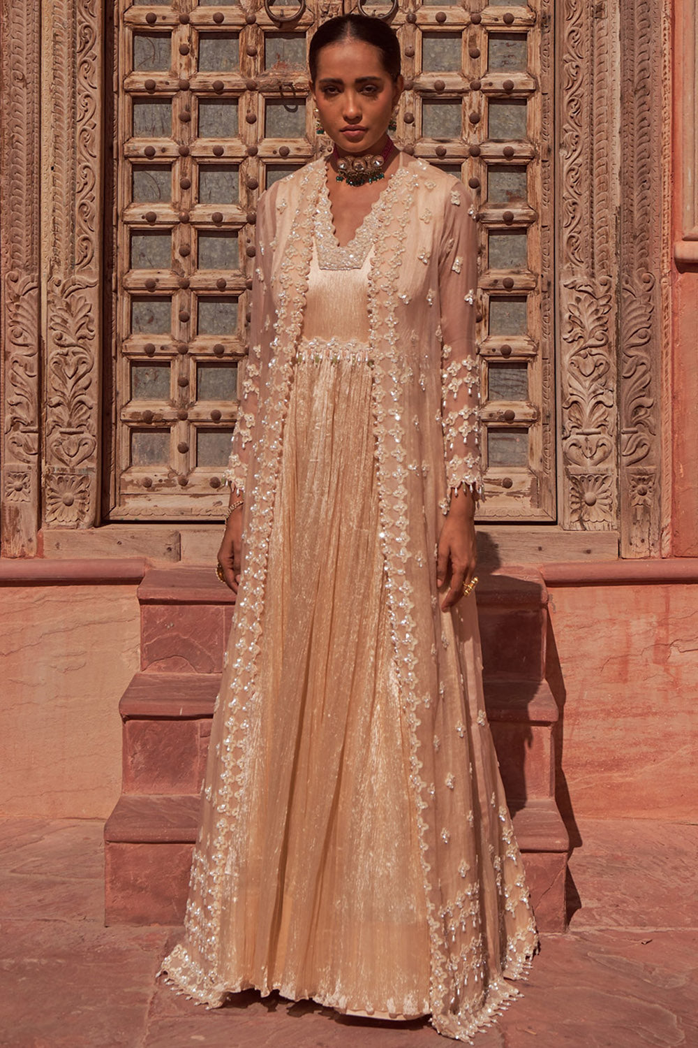 Silk Champagne Hand Embroidered Anarkali With Cape - Auraya Fashion - Nidhika Shekhar - #tag1# - #tag2# - #tag3# - #tag3#