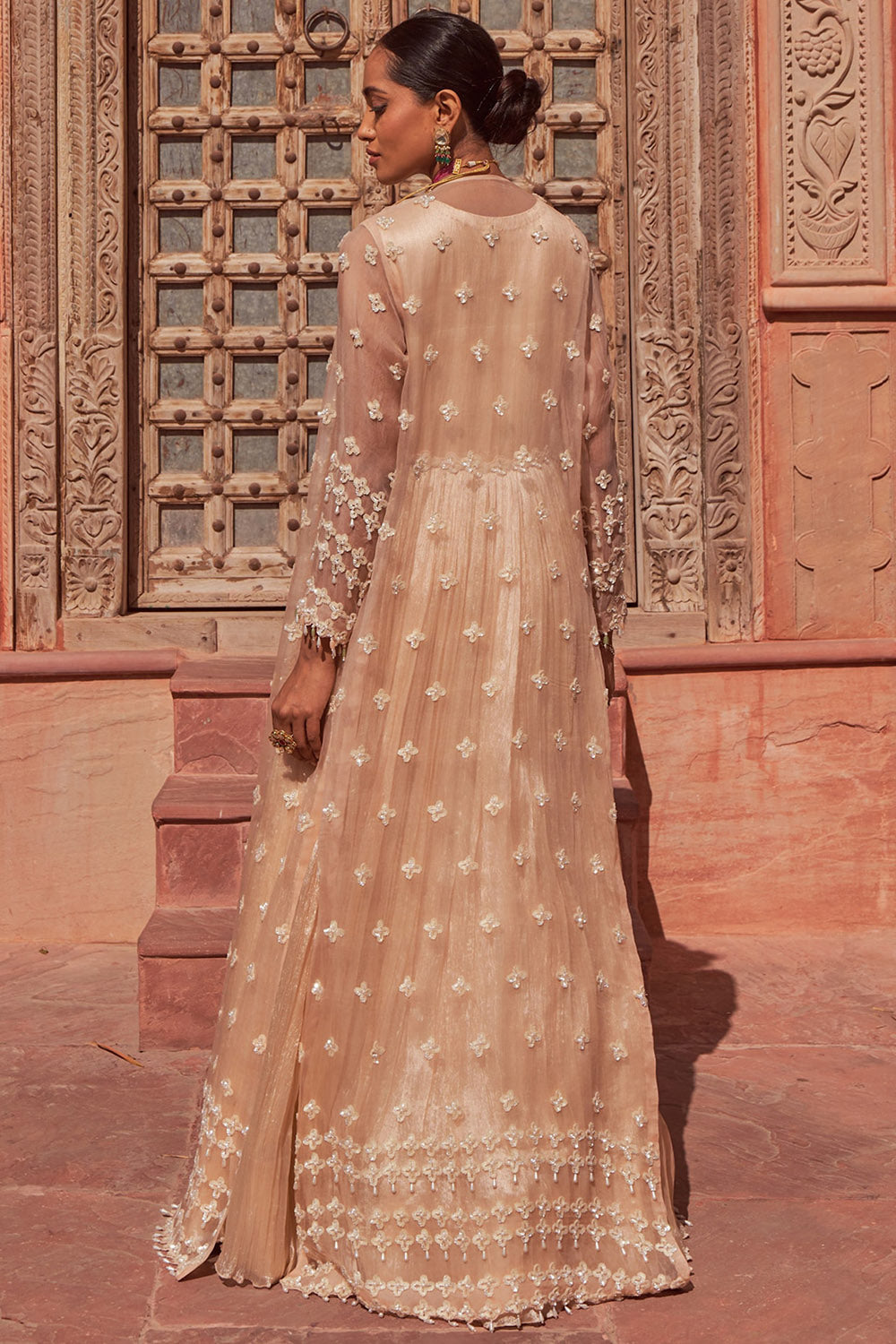 Silk Champagne Hand Embroidered Anarkali With Cape - Auraya Fashion - - #tag1# - #tag2# - #tag3# - #tag3#