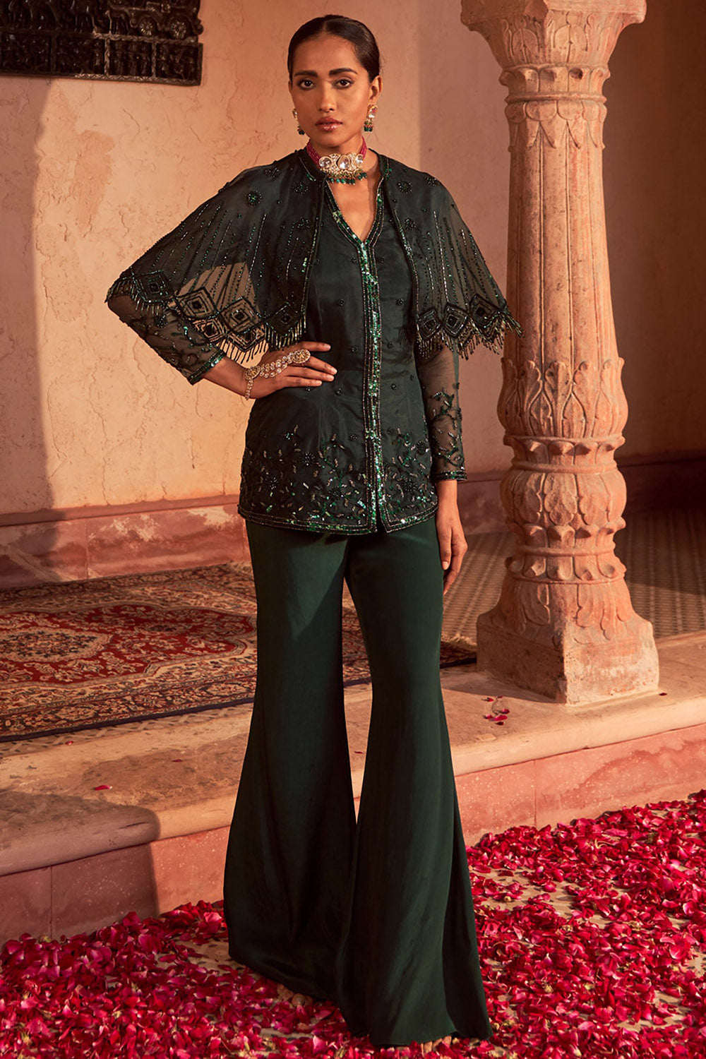 Crepe Bottle Green Sharara Set - Auraya Fashion - - #tag1# - #tag2# - #tag3# - #tag3#