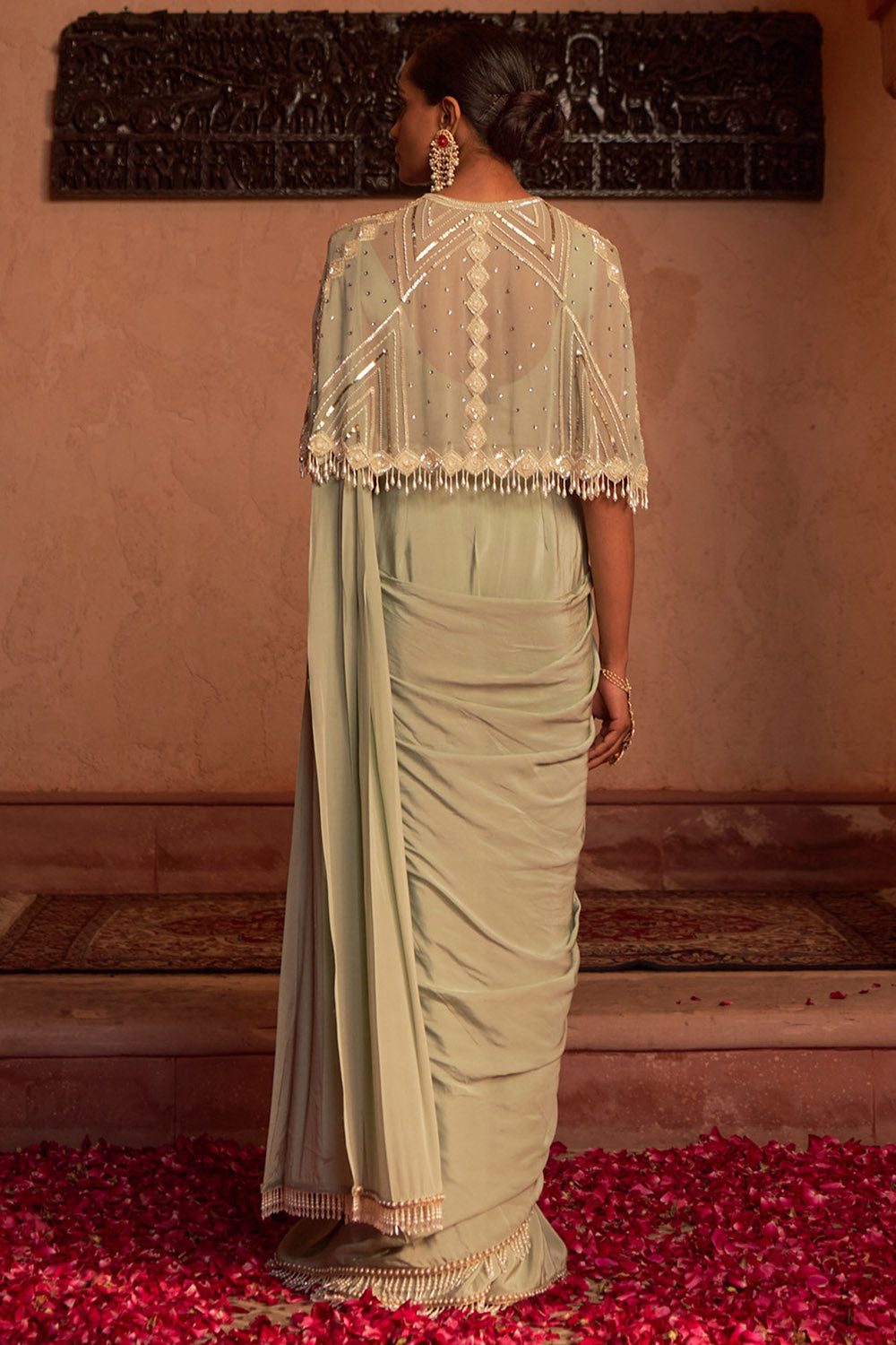 Crepe & Georgette Sap Green Embroidered Jacket Saree Set - Auraya Fashion - - #tag1# - #tag2# - #tag3# - #tag3#