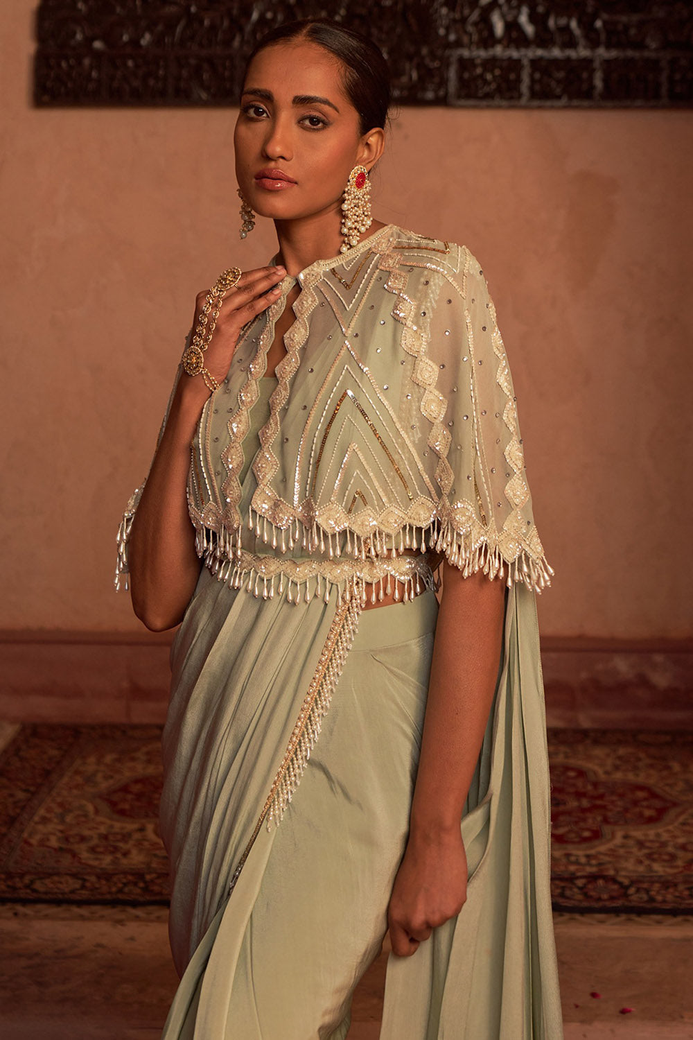 Crepe & Georgette Sap Green Embroidered Jacket Saree Set - Auraya Fashion - - #tag1# - #tag2# - #tag3# - #tag3#