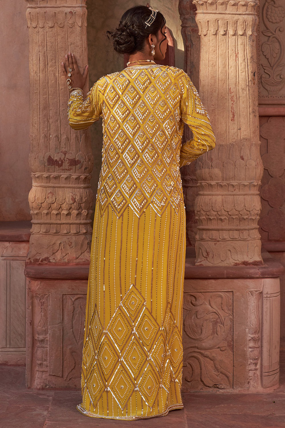 Crepe & Georgette Yellow Embroidered Jacket Saree Set - Auraya Fashion - - #tag1# - #tag2# - #tag3# - #tag3#