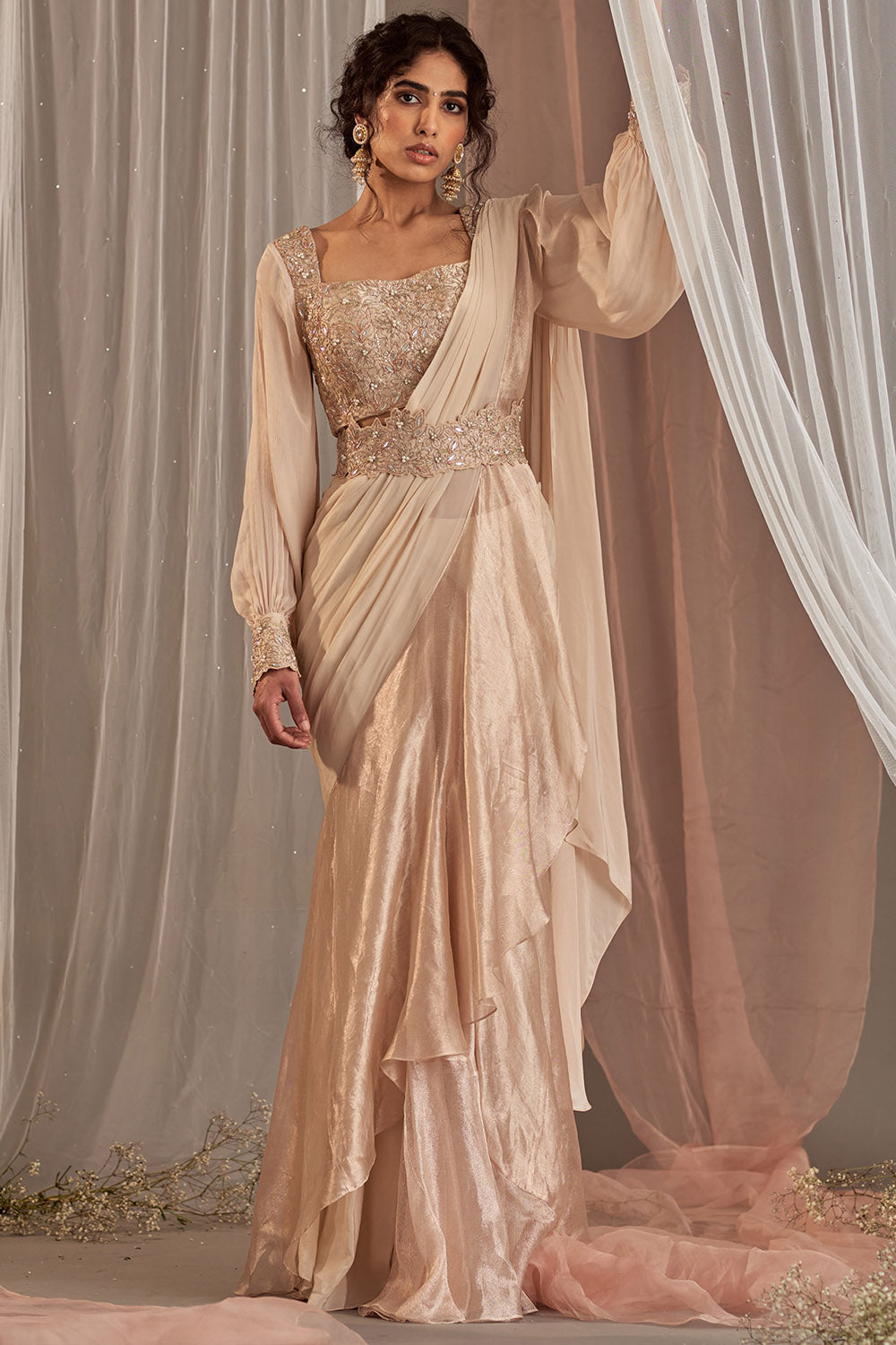 Machine Embroidered Rose Champagne Ruffled Draped Saree Set - Auraya Fashion - Nidhika Shekhar - #tag1# - #tag2# - #tag3# - #tag3#