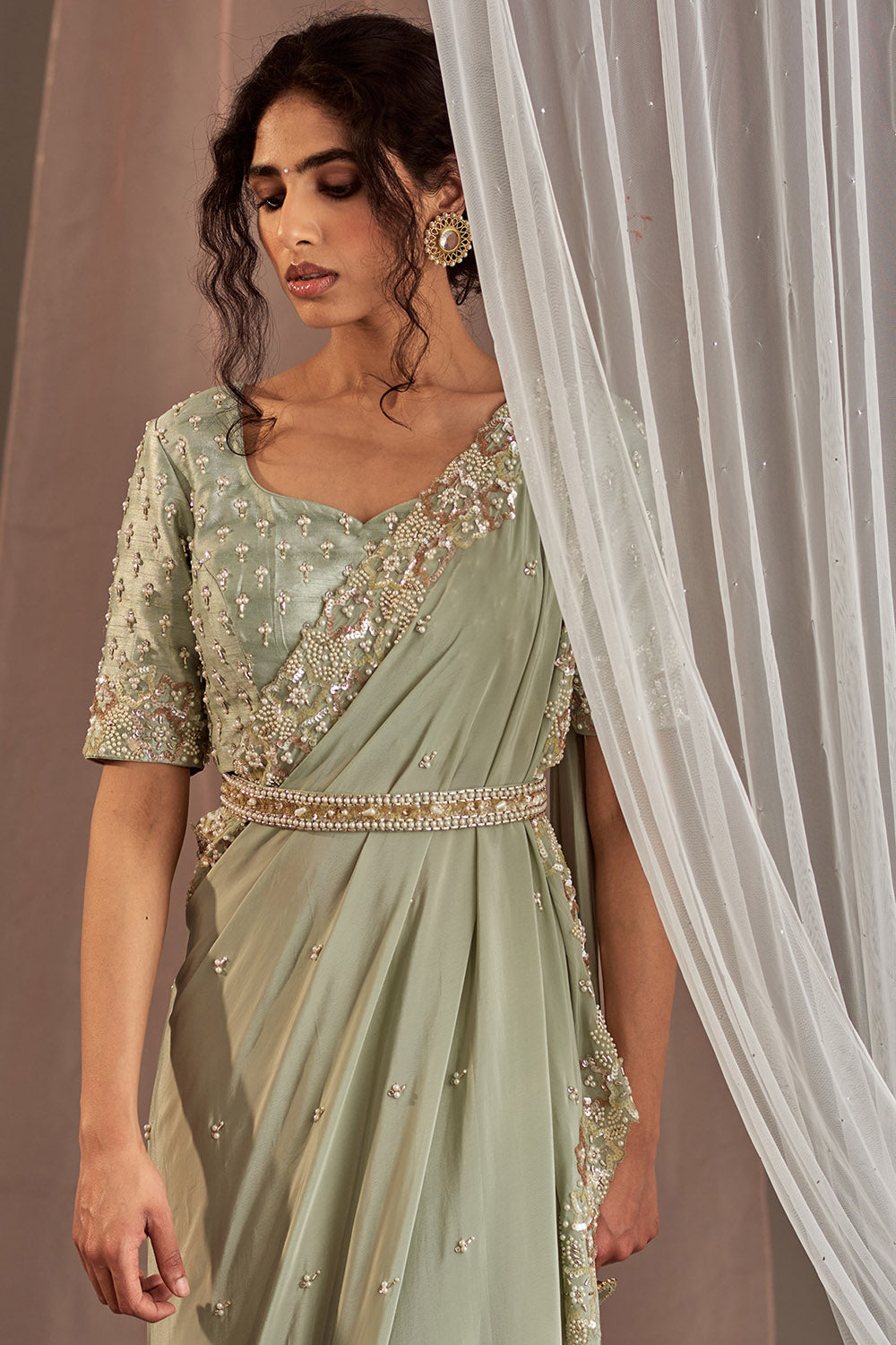 Hand Embroidered Pastel Green Draped Saree Set - Auraya Fashion - - #tag1# - #tag2# - #tag3# - #tag3#