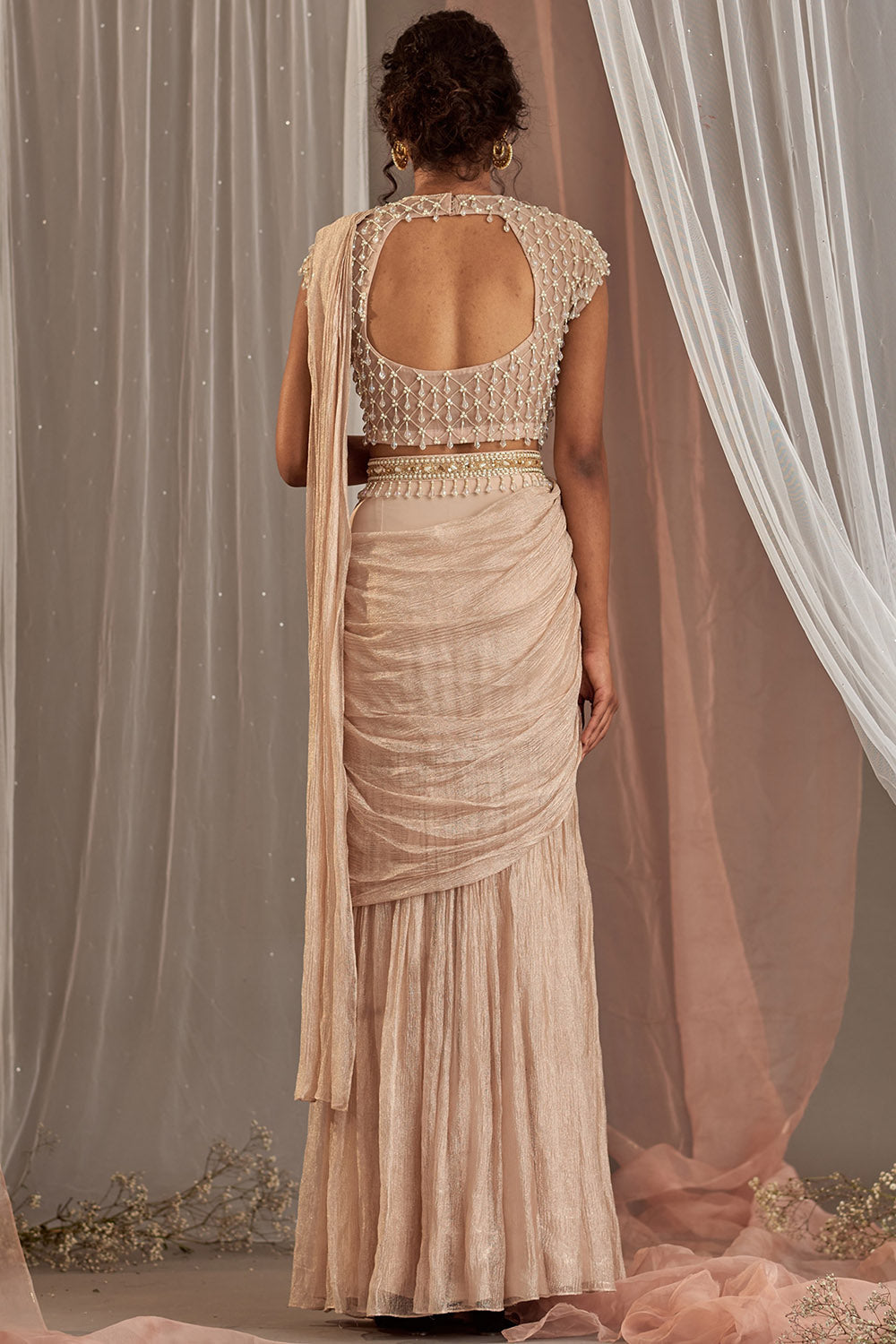 Hand Embroidered Rose Champagne Draped Saree Set - Auraya Fashion - - #tag1# - #tag2# - #tag3# - #tag3#