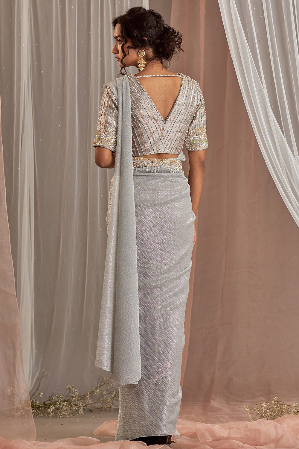 Hand Embroidered Grey Draped Saree Set - Auraya Fashion - - #tag1# - #tag2# - #tag3# - #tag3#
