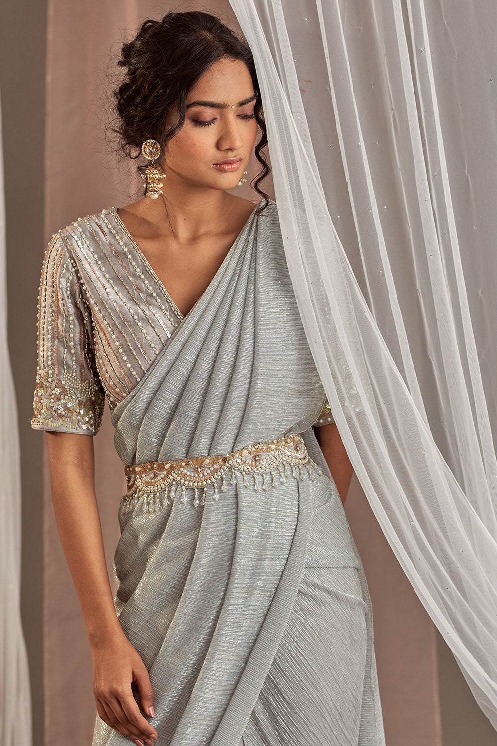 Hand Embroidered Grey Draped Saree Set - Auraya Fashion - - #tag1# - #tag2# - #tag3# - #tag3#