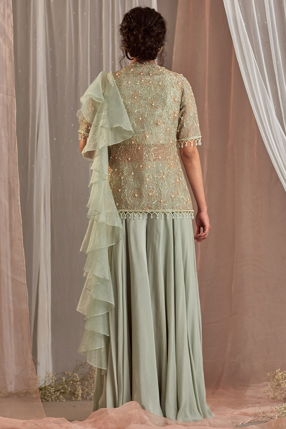 Organza Dull Green Sharara Set - Auraya Fashion - - #tag1# - #tag2# - #tag3# - #tag3#