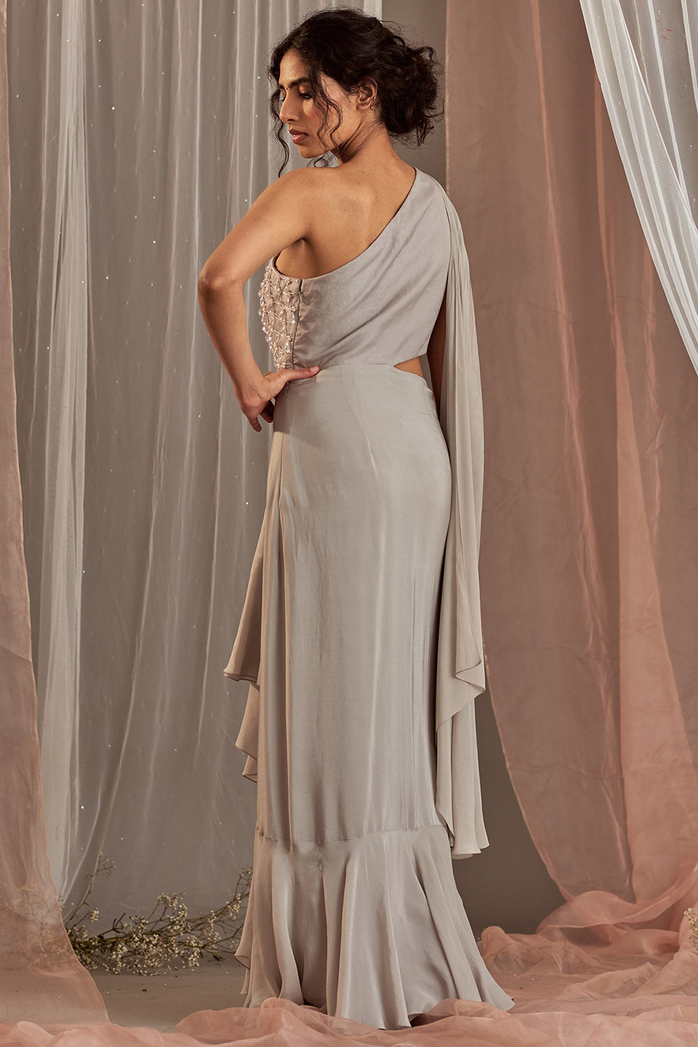 Hand Embroidered Grey Draped Gown - Auraya Fashion - - #tag1# - #tag2# - #tag3# - #tag3#