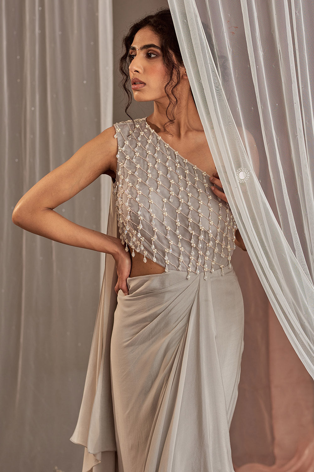 Hand Embroidered Grey Draped Gown - Auraya Fashion - - #tag1# - #tag2# - #tag3# - #tag3#