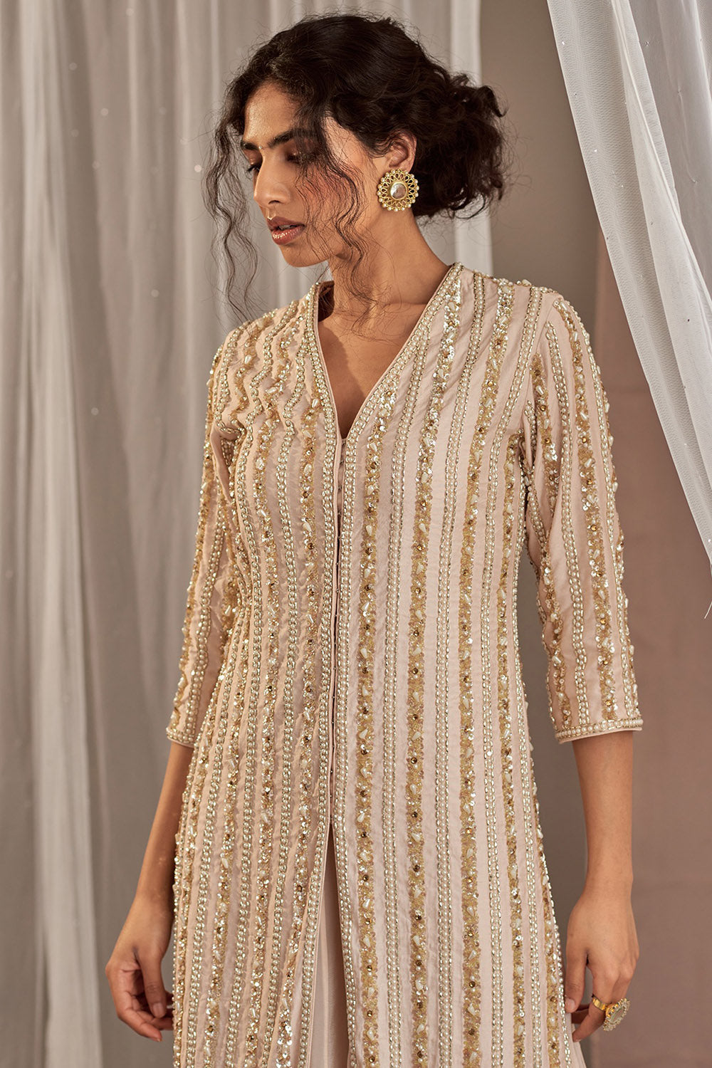 Hand Embroidered Champagne Kurta Set - Auraya Fashion - - #tag1# - #tag2# - #tag3# - #tag3#
