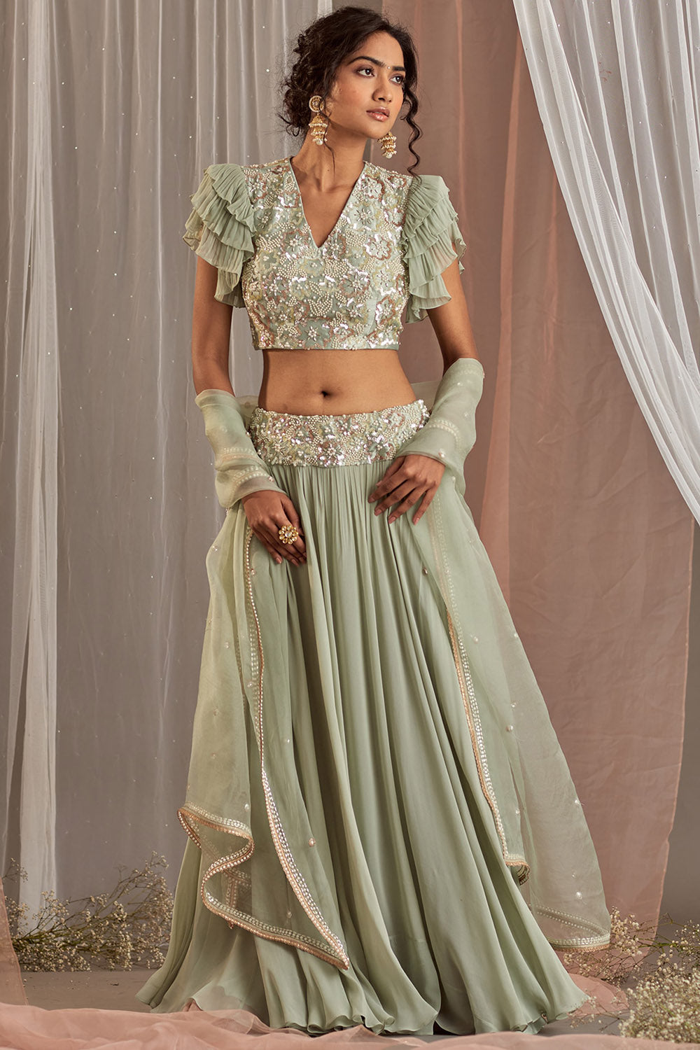 Hand Embroidered Dull Green Lehenga Set - Auraya Fashion - Nidhika Shekhar - #tag1# - #tag2# - #tag3# - #tag3#