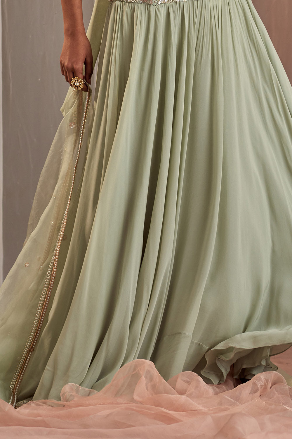Hand Embroidered Dull Green Lehenga Set - Auraya Fashion - - #tag1# - #tag2# - #tag3# - #tag3#