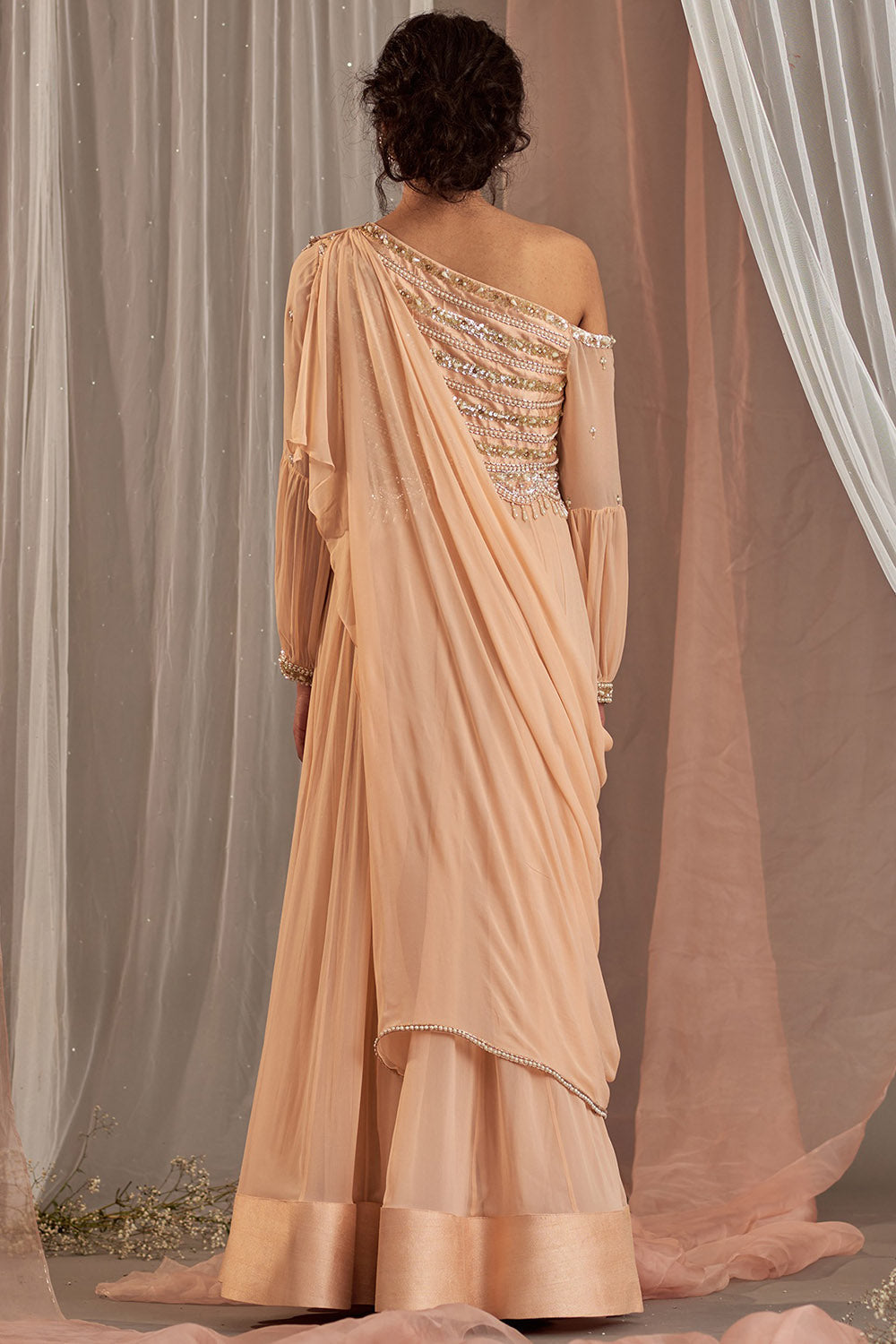 Hand Embroidered Salmon Pink One-Shoulder Anarkali Set - Auraya Fashion - - #tag1# - #tag2# - #tag3# - #tag3#